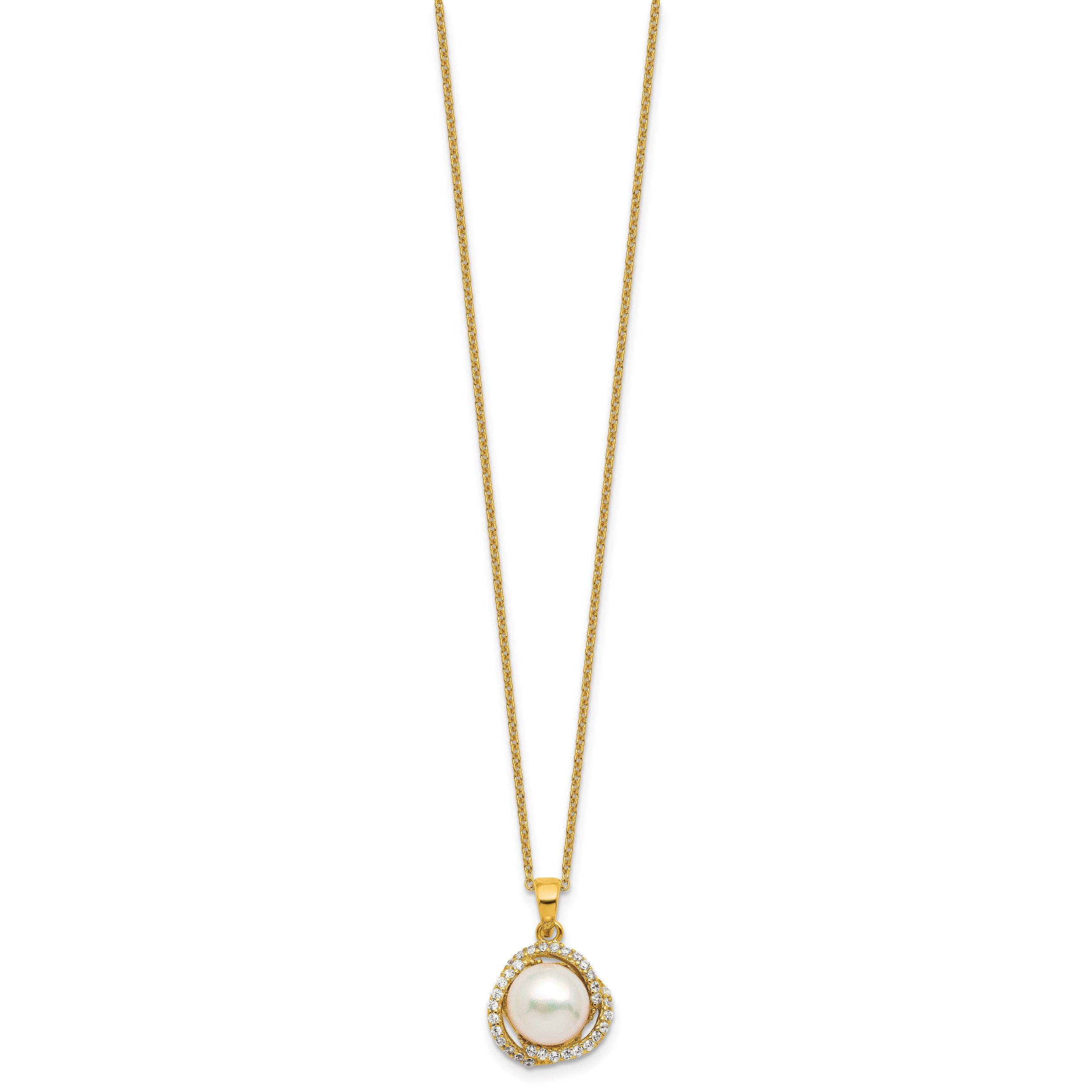 Cheryl M Sterling Silver Gold-plated Polished Freshwater Cultured Pearl and CZ 16 Inch with 2 Inch Extension Necklace