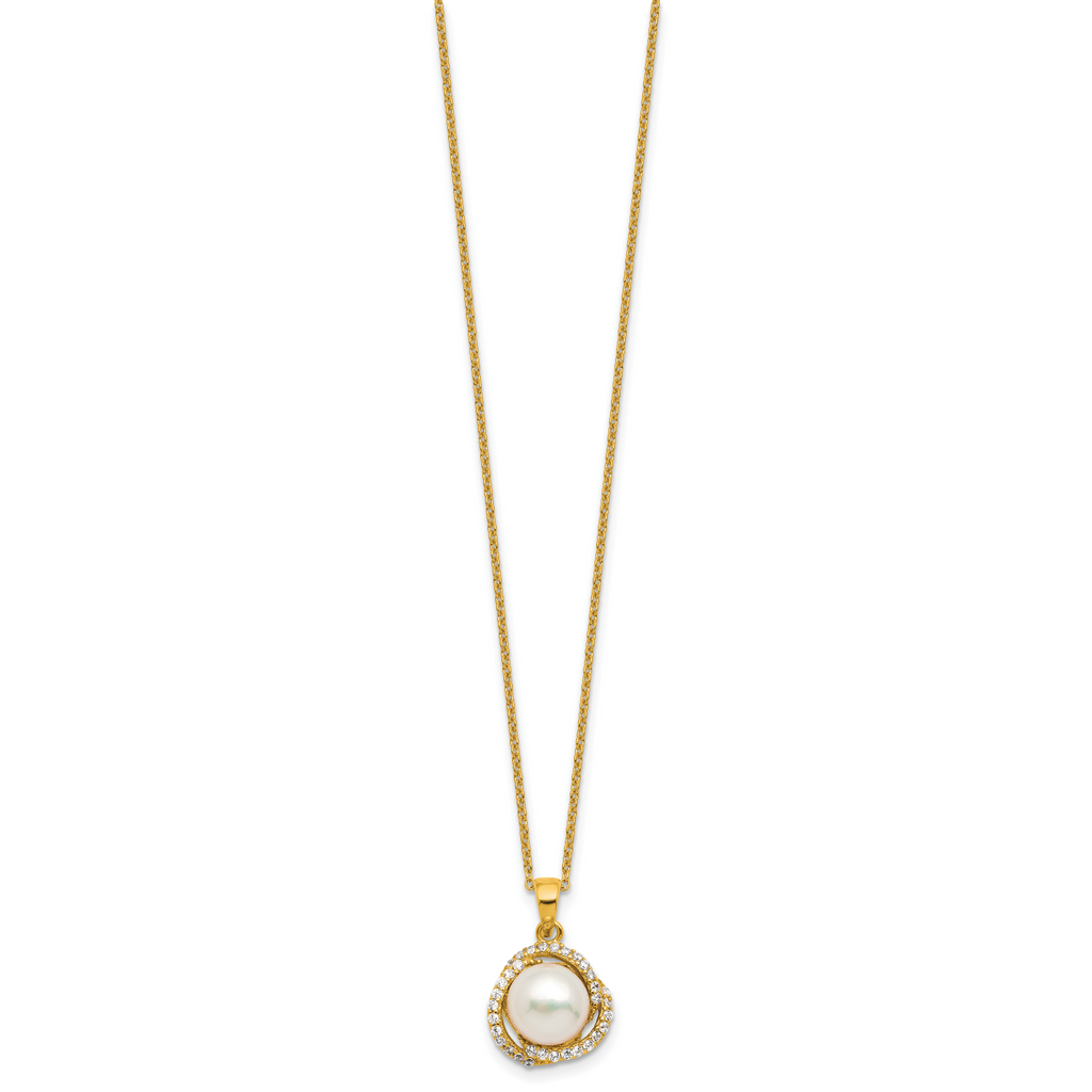 Cheryl M Sterling Silver Gold-plated Polished Freshwater Cultured Pearl and CZ 16 Inch with 2 Inch Extension Necklace