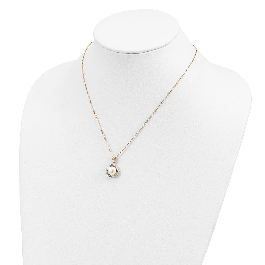 Cheryl M Sterling Silver Gold-plated Polished Freshwater Cultured Pearl and CZ 16 Inch with 2 Inch Extension Necklace