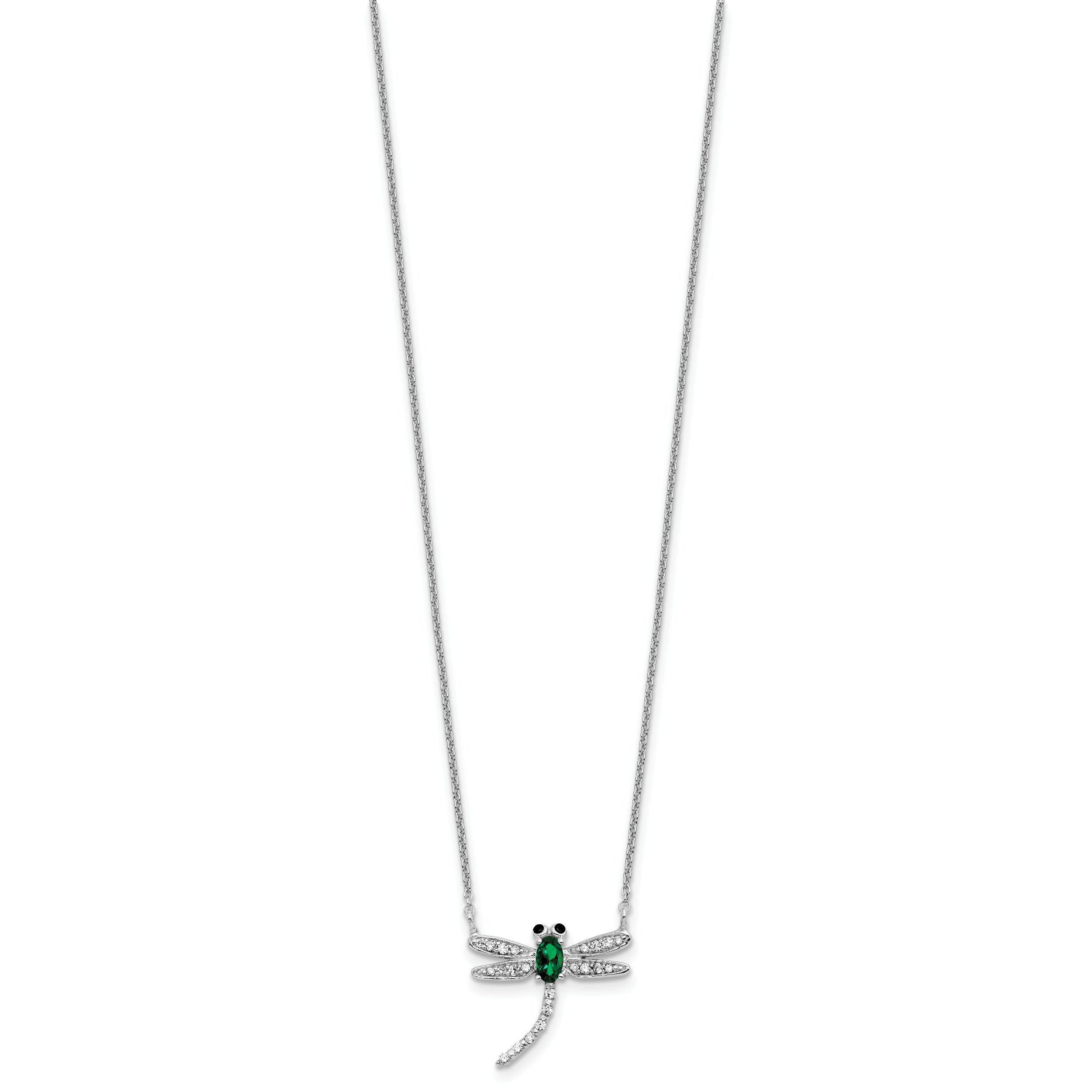 Cheryl M Sterling Silver Rhodium-plated Polished Green Glass and CZ Dragonfly 16 Inch with 2 Inch Extension Necklace
