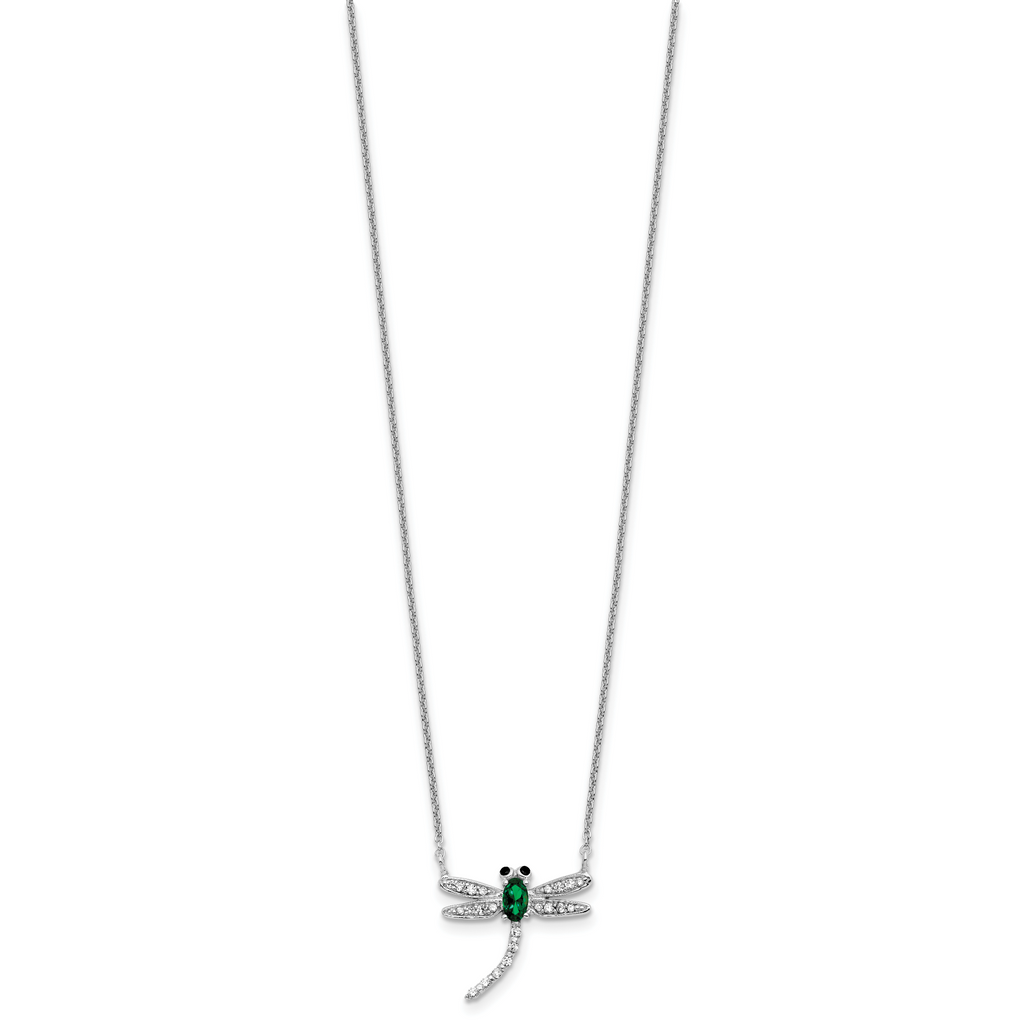 Cheryl M Sterling Silver Rhodium-plated Polished Green Glass and CZ Dragonfly 16 Inch with 2 Inch Extension Necklace