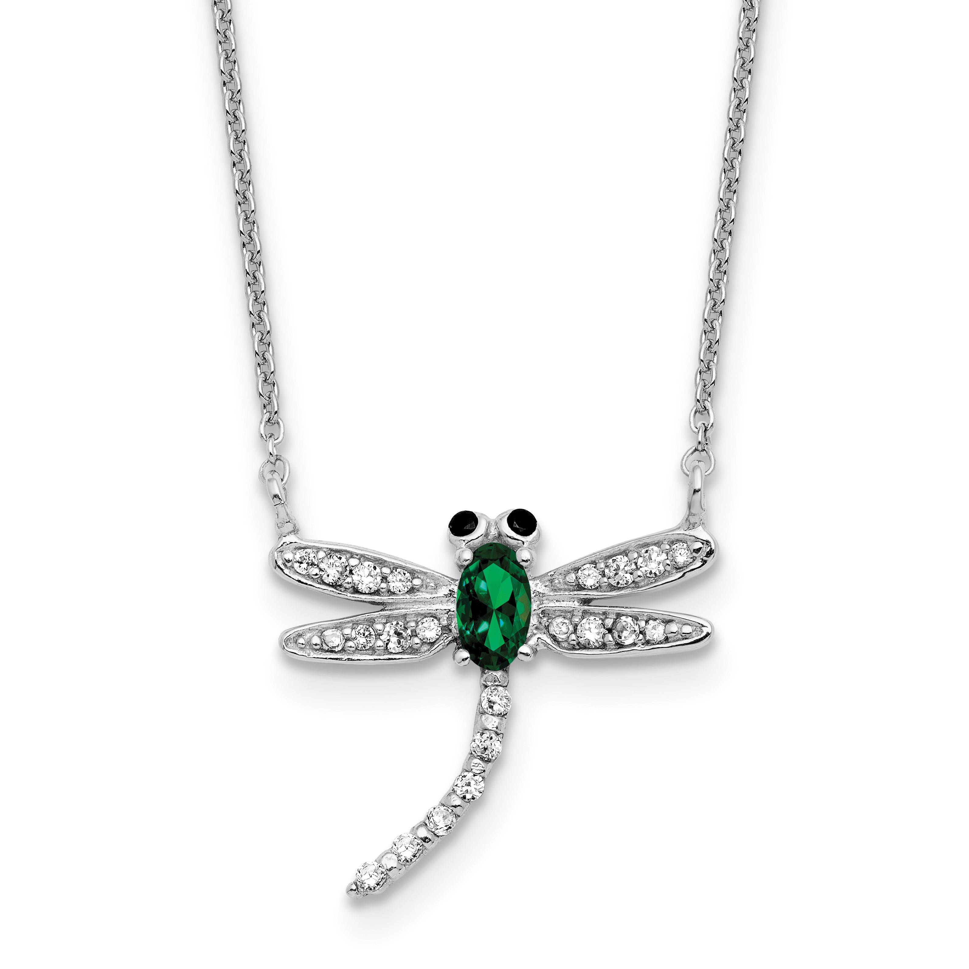 Cheryl M Sterling Silver Rhodium-plated Polished Green Glass and CZ Dragonfly 16 Inch with 2 Inch Extension Necklace Main image