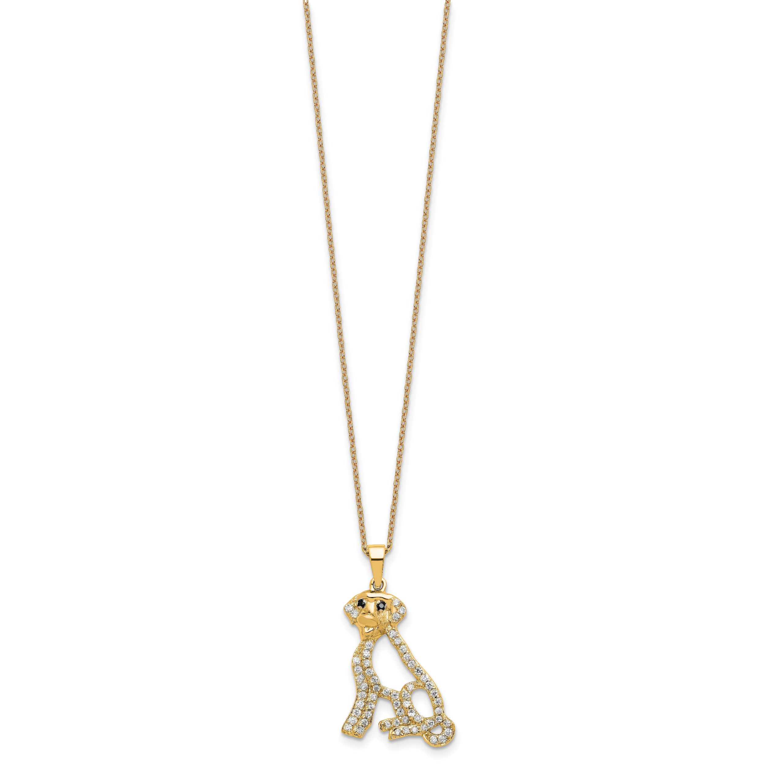 Cheryl M Sterling Silver Gold-plated Polished Black and White CZ Dog 16 Inch with 2 Inch Extension Necklace