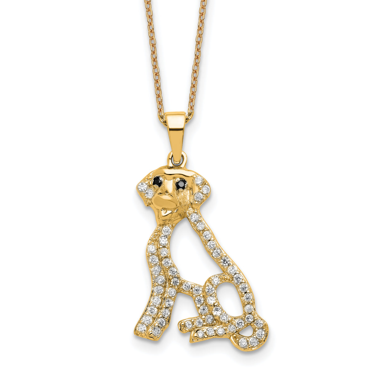 Cheryl M Sterling Silver Gold-plated Polished Black and White CZ Dog 16 Inch with 2 Inch Extension Necklace