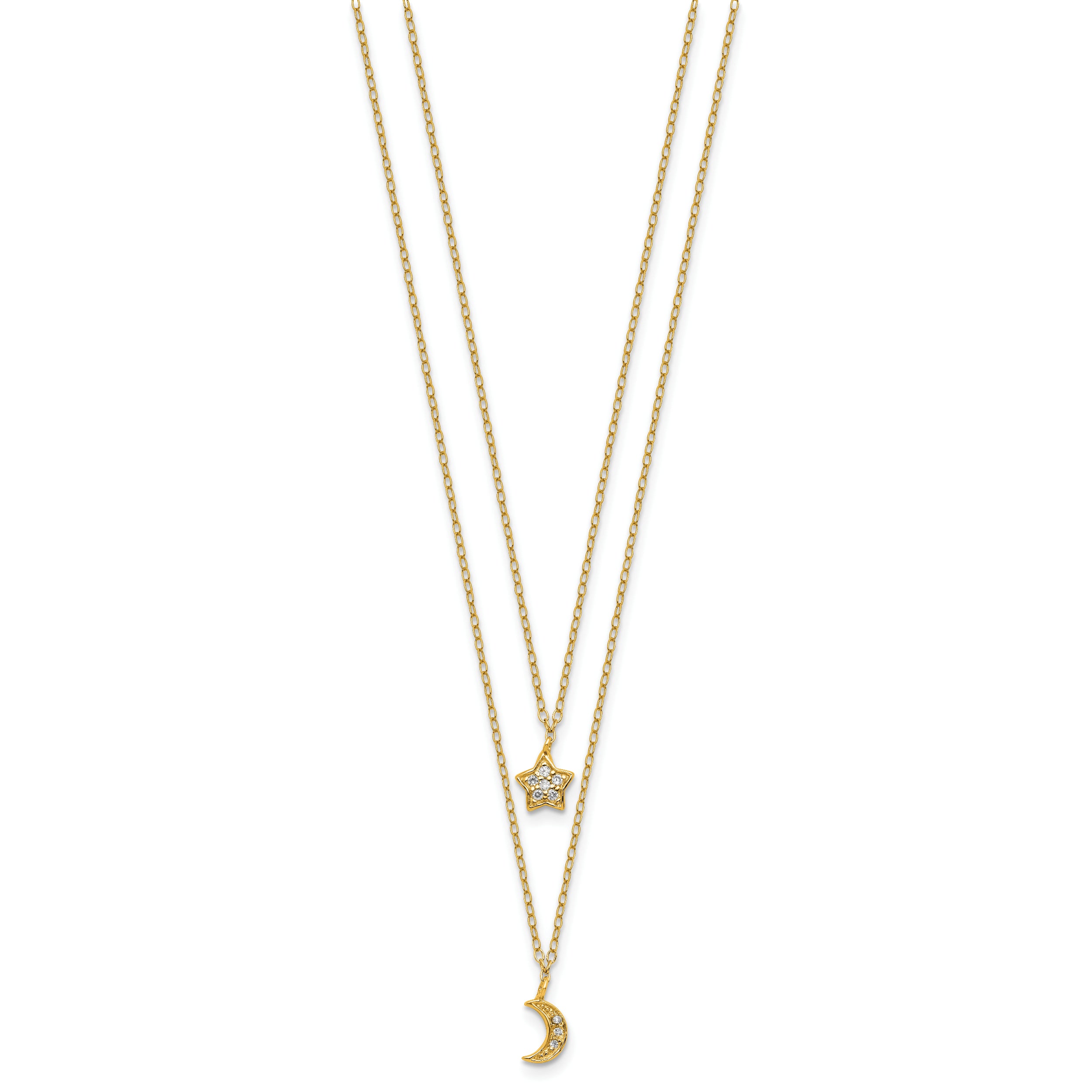 Cheryl M Sterling Silver Gold-plated Polished 2-Strand CZ Moon and Star 16 Inch with 2 Inch Extension Necklace
