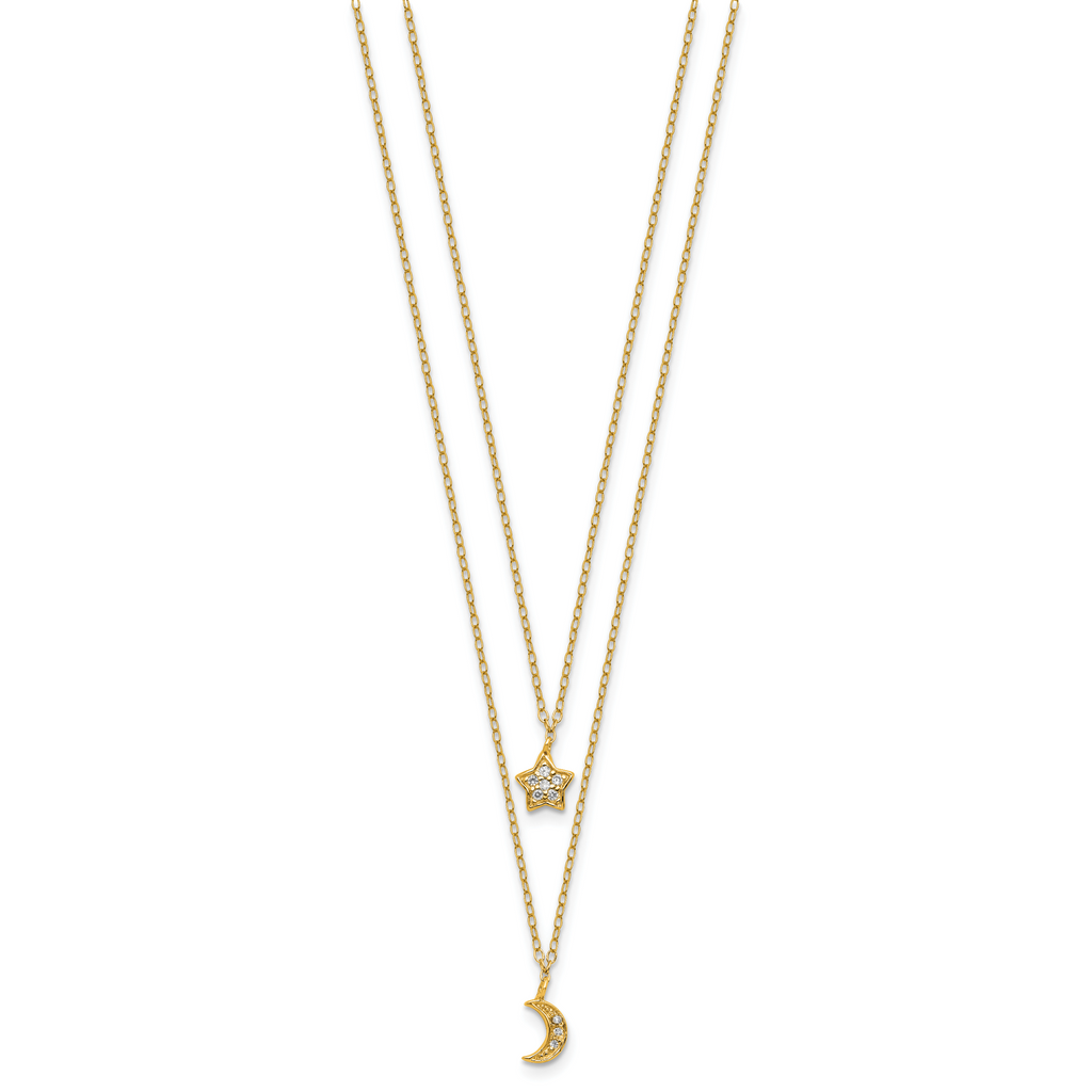 Cheryl M Sterling Silver Gold-plated Polished 2-Strand CZ Moon and Star 16 Inch with 2 Inch Extension Necklace
