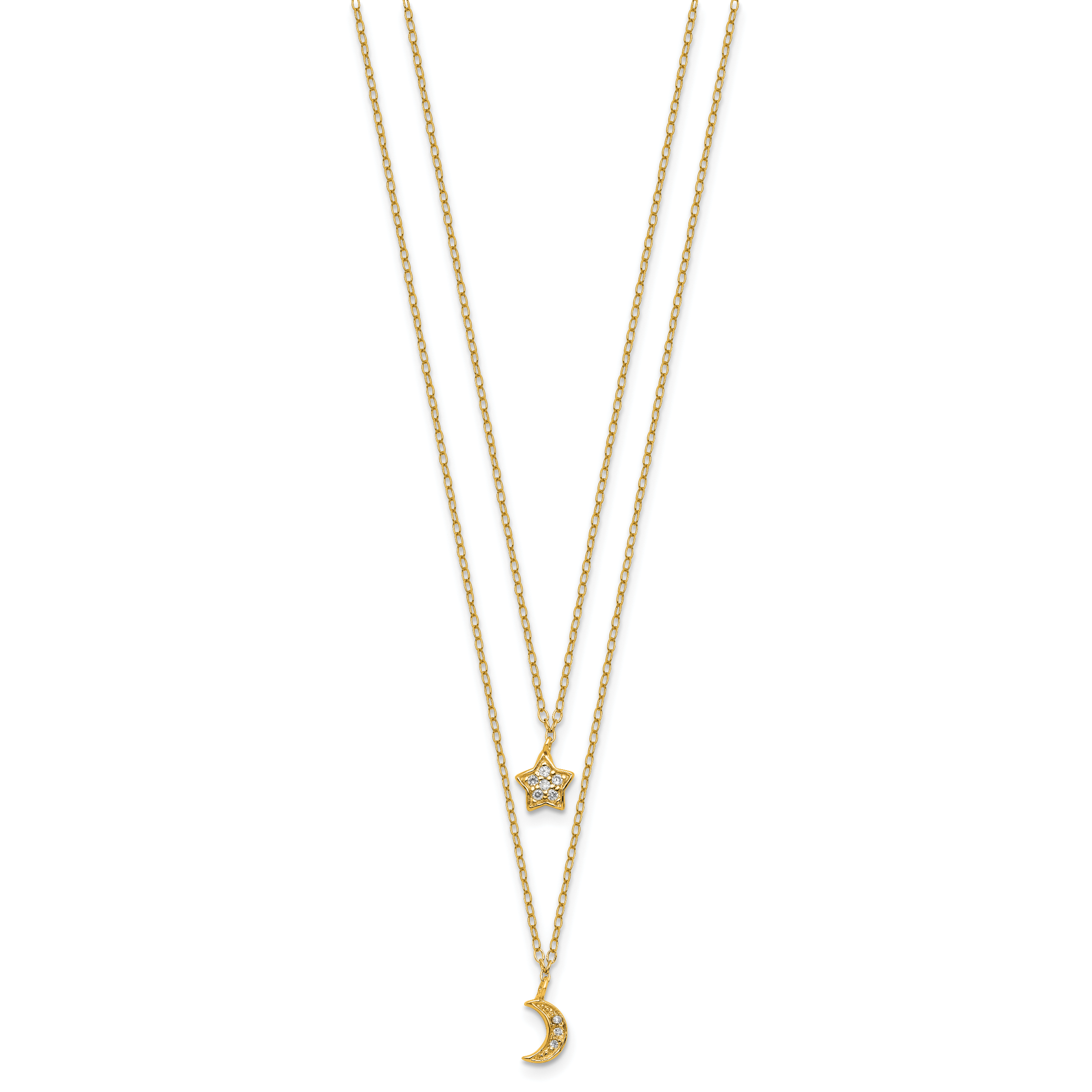 Cheryl M Sterling Silver Gold-plated Polished 2-Strand CZ Moon and Star 16 Inch with 2 Inch Extension Necklace