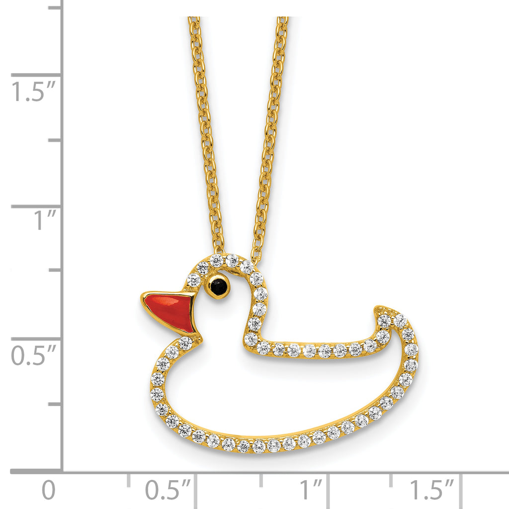 Cheryl M Sterling Silver Gold-plated Polished Black and White CZ Enameled Duck 16 Inch with 2 Inch Extension Necklace