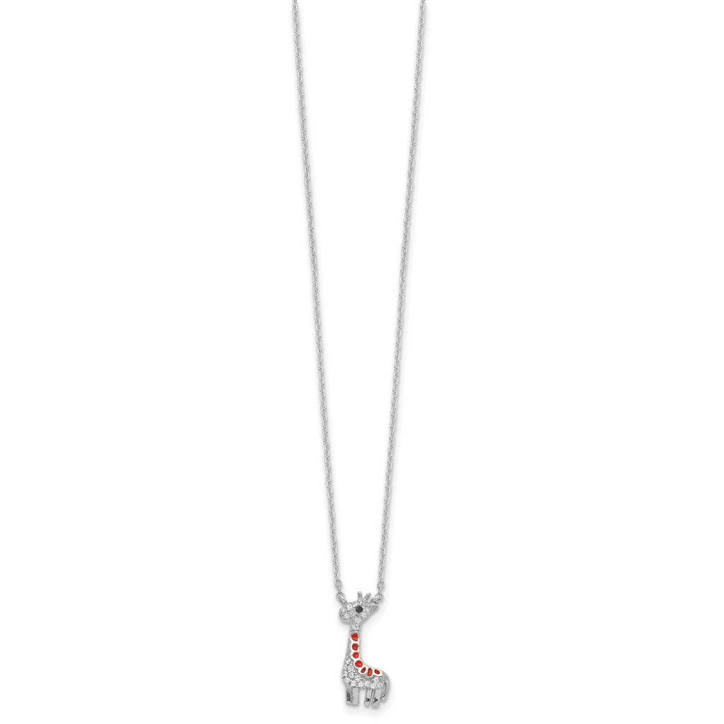 Cheryl M Sterling Silver Rhodium-plated Polished and Enameled Black and White CZ Giraffe 16 Inch with 2 Inch Extension Necklace
