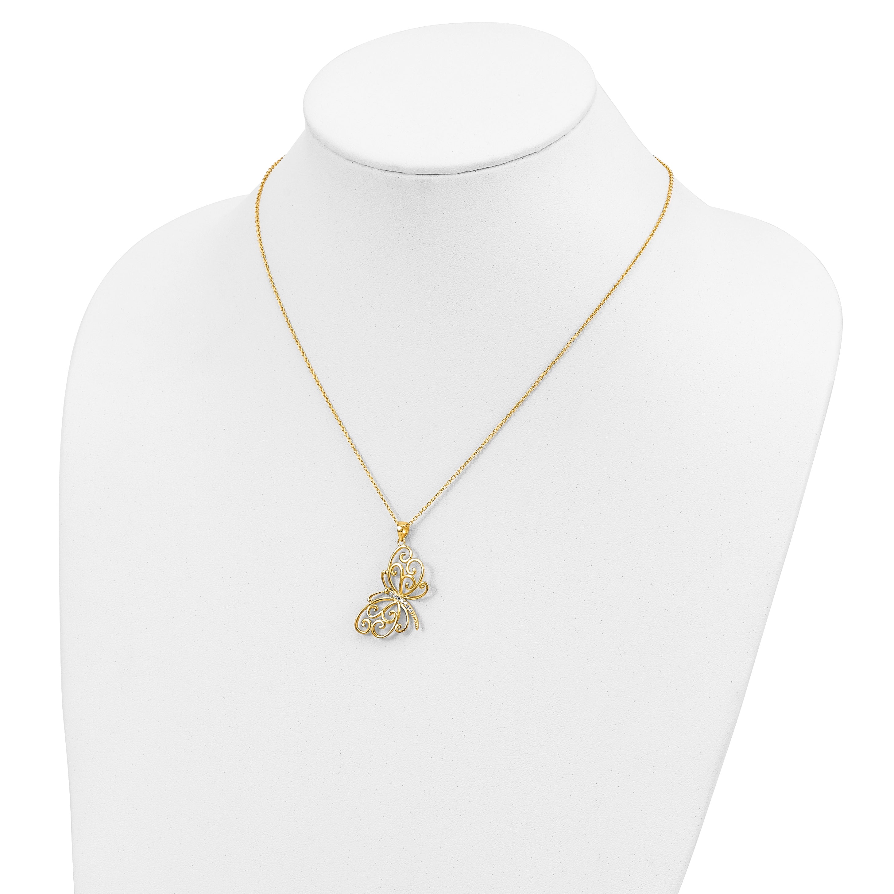 Cheryl M Sterling Silver Gold-plated Polished CZ Butterfly 16 Inch with 2 Inch Extension Necklace