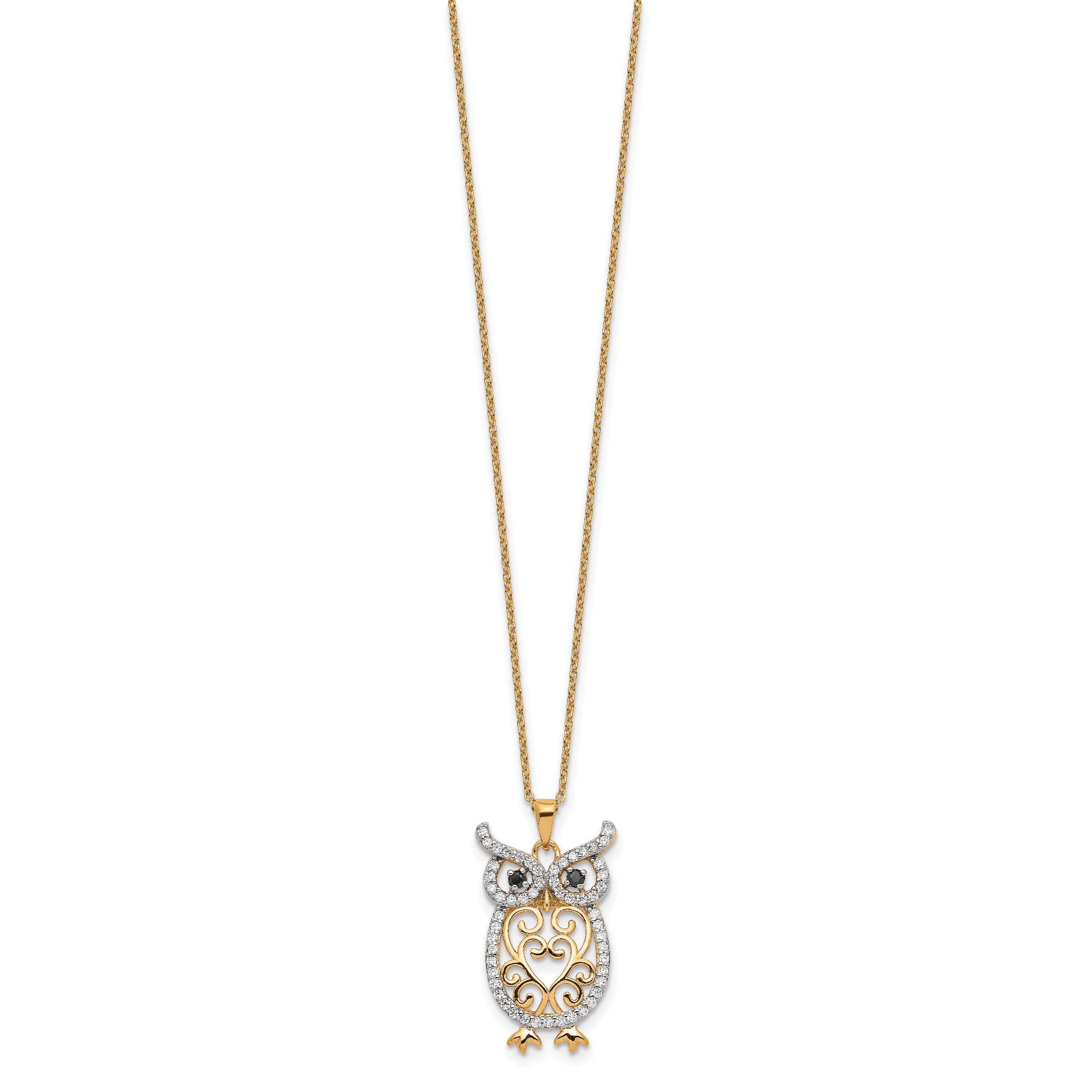 Cheryl M Sterling Silver Gold-plated Polished Black and White CZ Owl 16 Inch with 2 Inch Extension Necklace