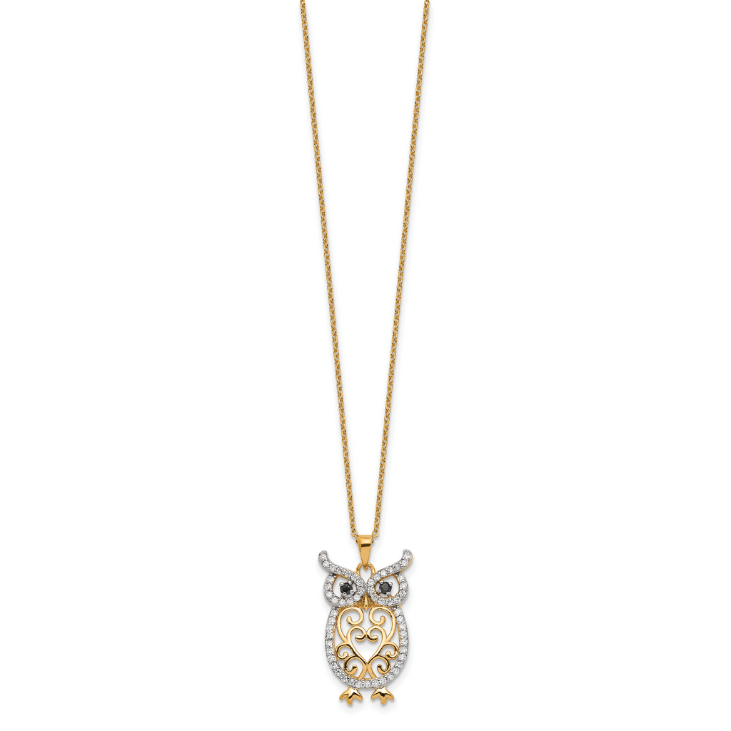 Cheryl M Sterling Silver Gold-plated Polished Black and White CZ Owl 16 Inch with 2 Inch Extension Necklace