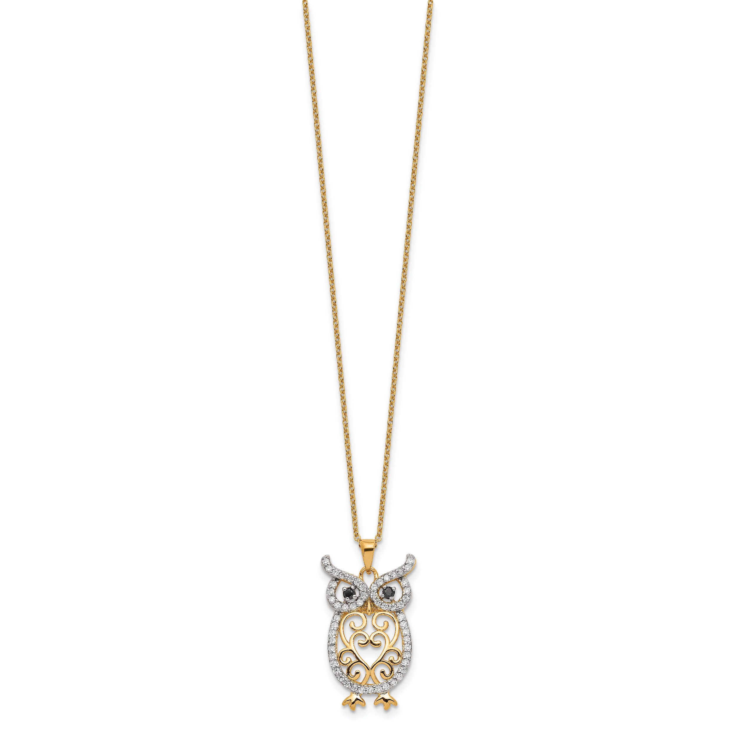 Cheryl M Sterling Silver Gold-plated Polished Black and White CZ Owl 16 Inch with 2 Inch Extension Necklace