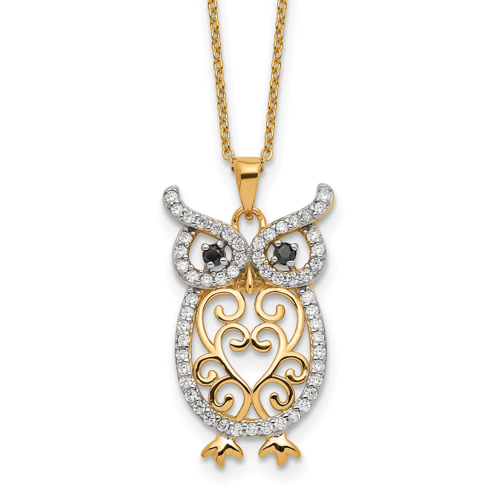 Cheryl M Sterling Silver Gold-plated Polished Black and White CZ Owl 16 Inch with 2 Inch Extension Necklace
