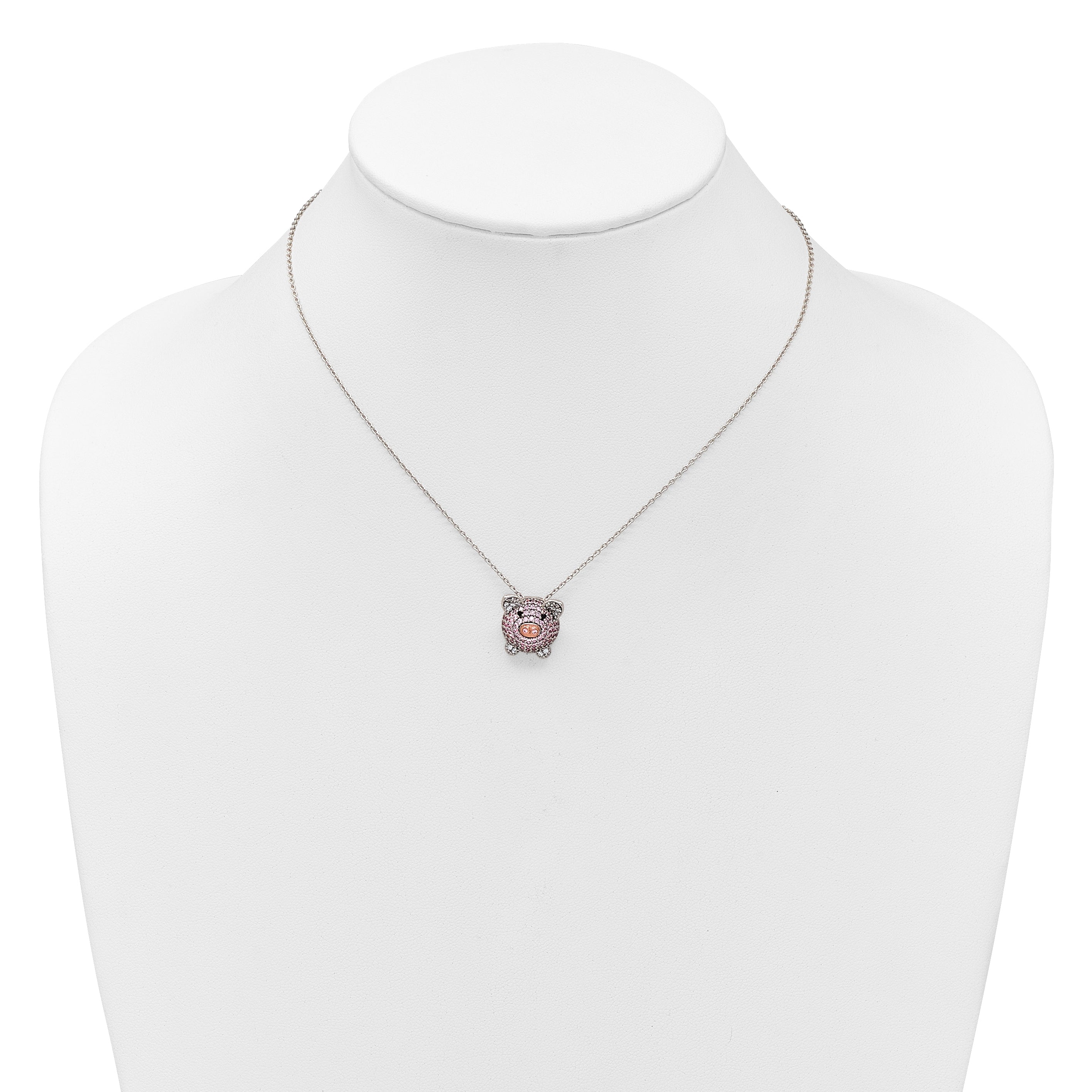 Cheryl M Sterling Silver Rhodium and Rose Gold-plated Polished Multicolor CZ Pig 16 Inch with 2 Inch Extension Necklace
