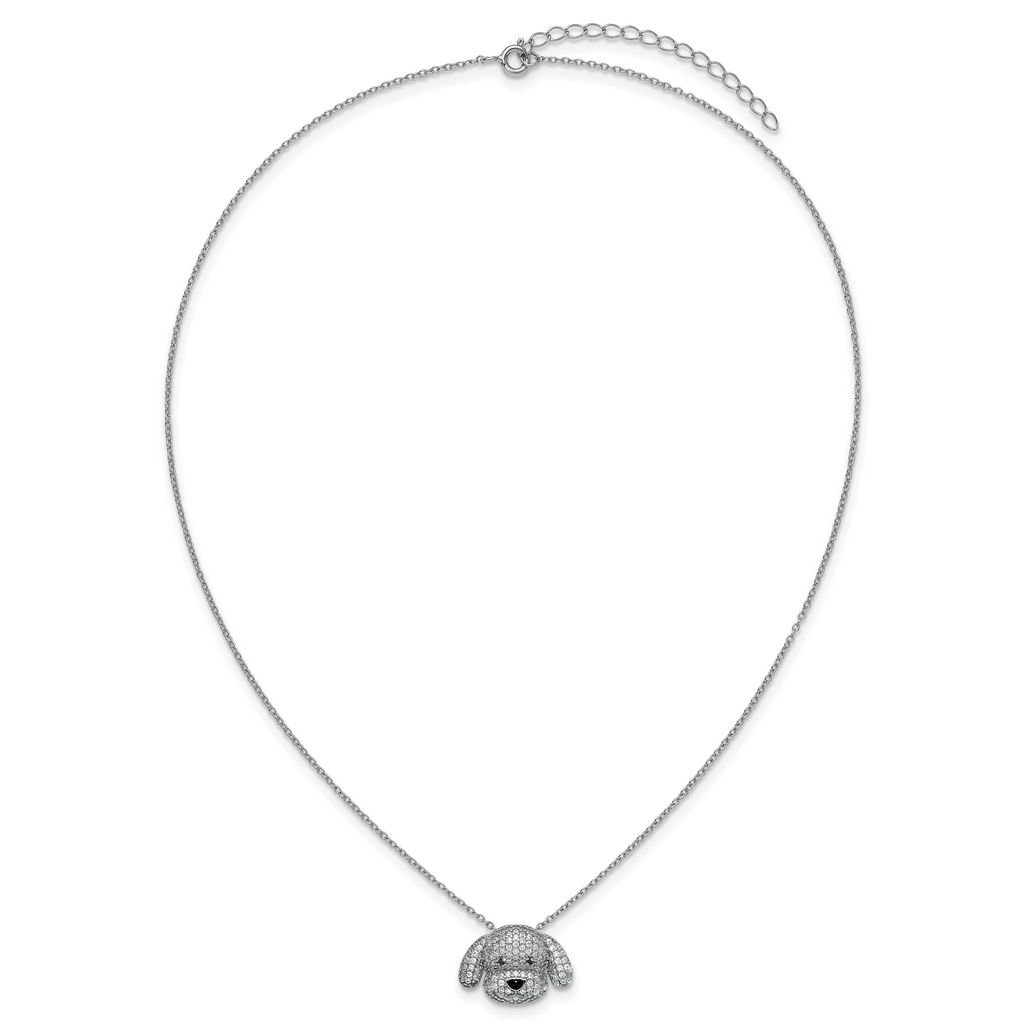 Cheryl M Sterling Silver Rhodium-plated Polished and Enameled Black and White CZ Dog 16 Inch with 2 Inch Extension Necklace