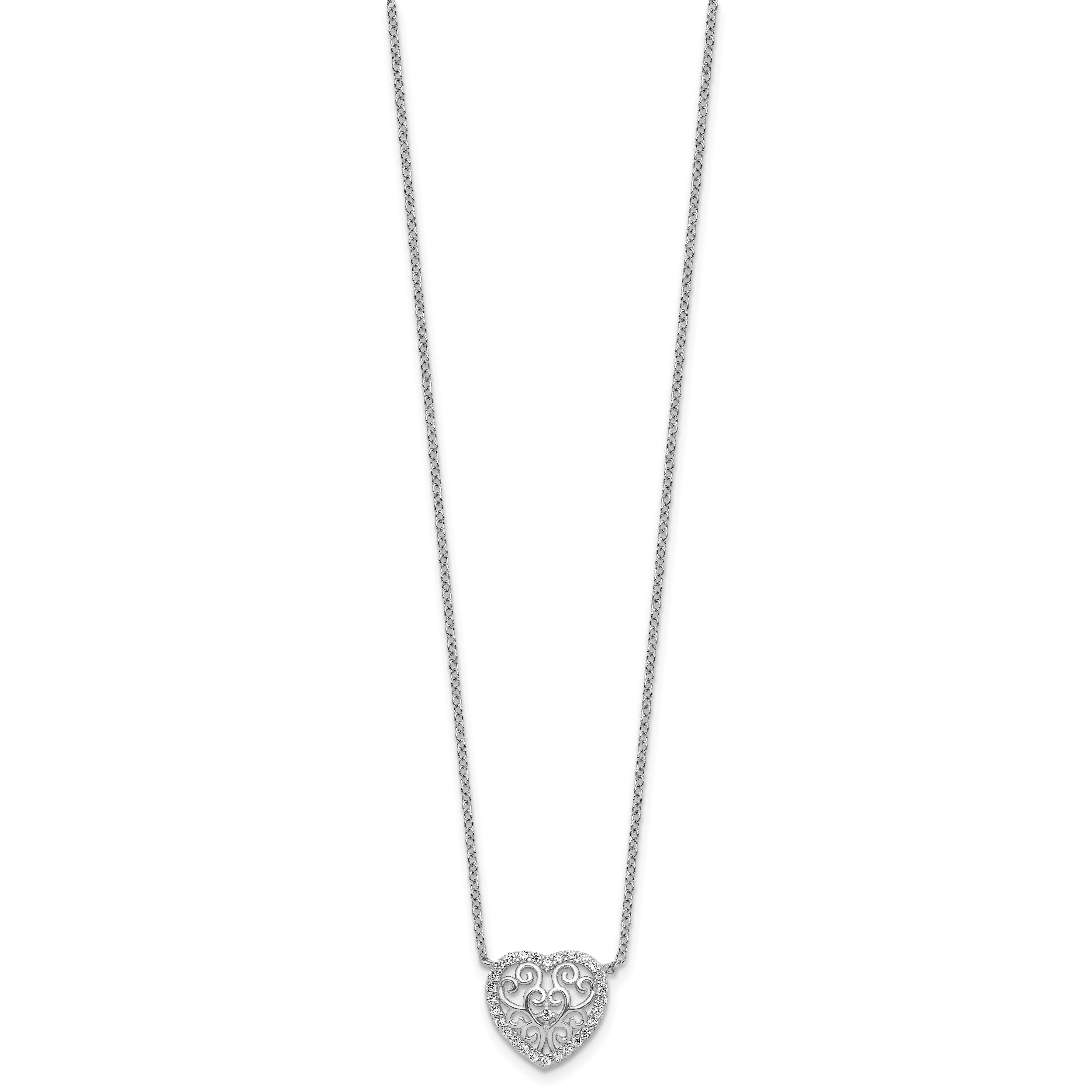 Cheryl M Sterling Silver Rhodium-plated Polished Filigree CZ Heart 16 Inch with 2 Inch Extension Necklace