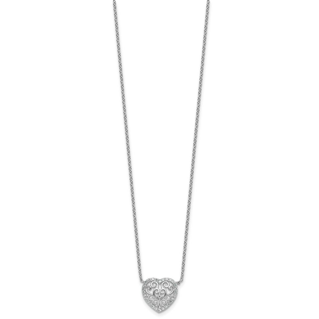 Cheryl M Sterling Silver Rhodium-plated Polished Filigree CZ Heart 16 Inch with 2 Inch Extension Necklace