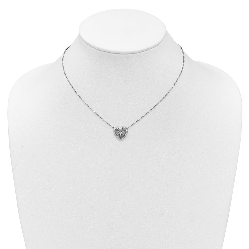 Cheryl M Sterling Silver Rhodium-plated Polished Filigree CZ Heart 16 Inch with 2 Inch Extension Necklace