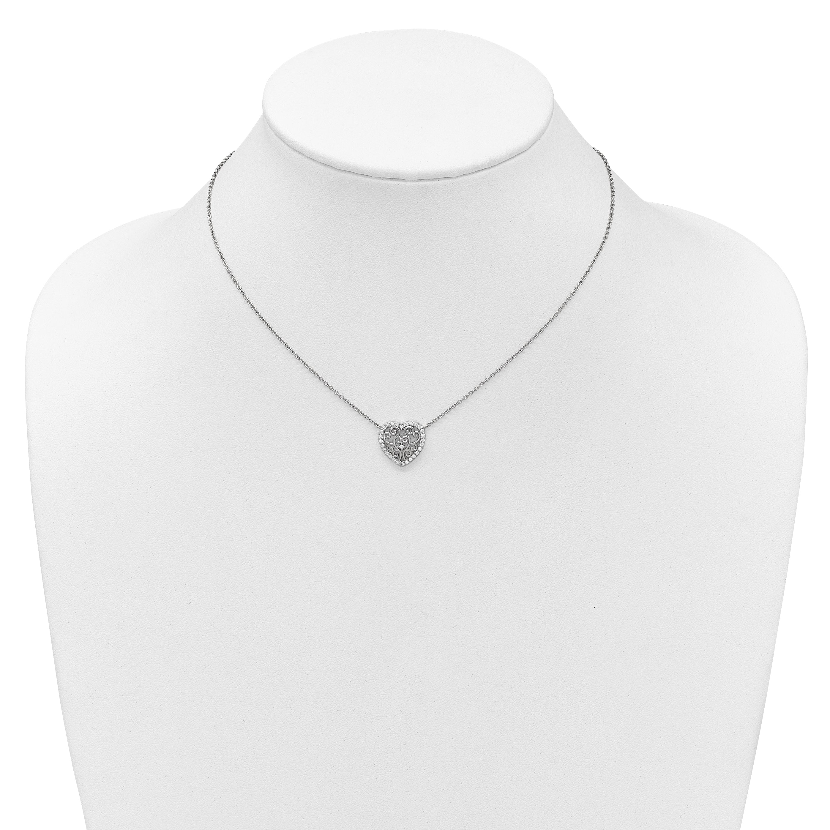 Cheryl M Sterling Silver Rhodium-plated Polished Filigree CZ Heart 16 Inch with 2 Inch Extension Necklace