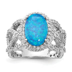 Cheryl M Sterling Silver Rhodium-plated Polished Fancy Blue Lab Created Opal and CZ Ring