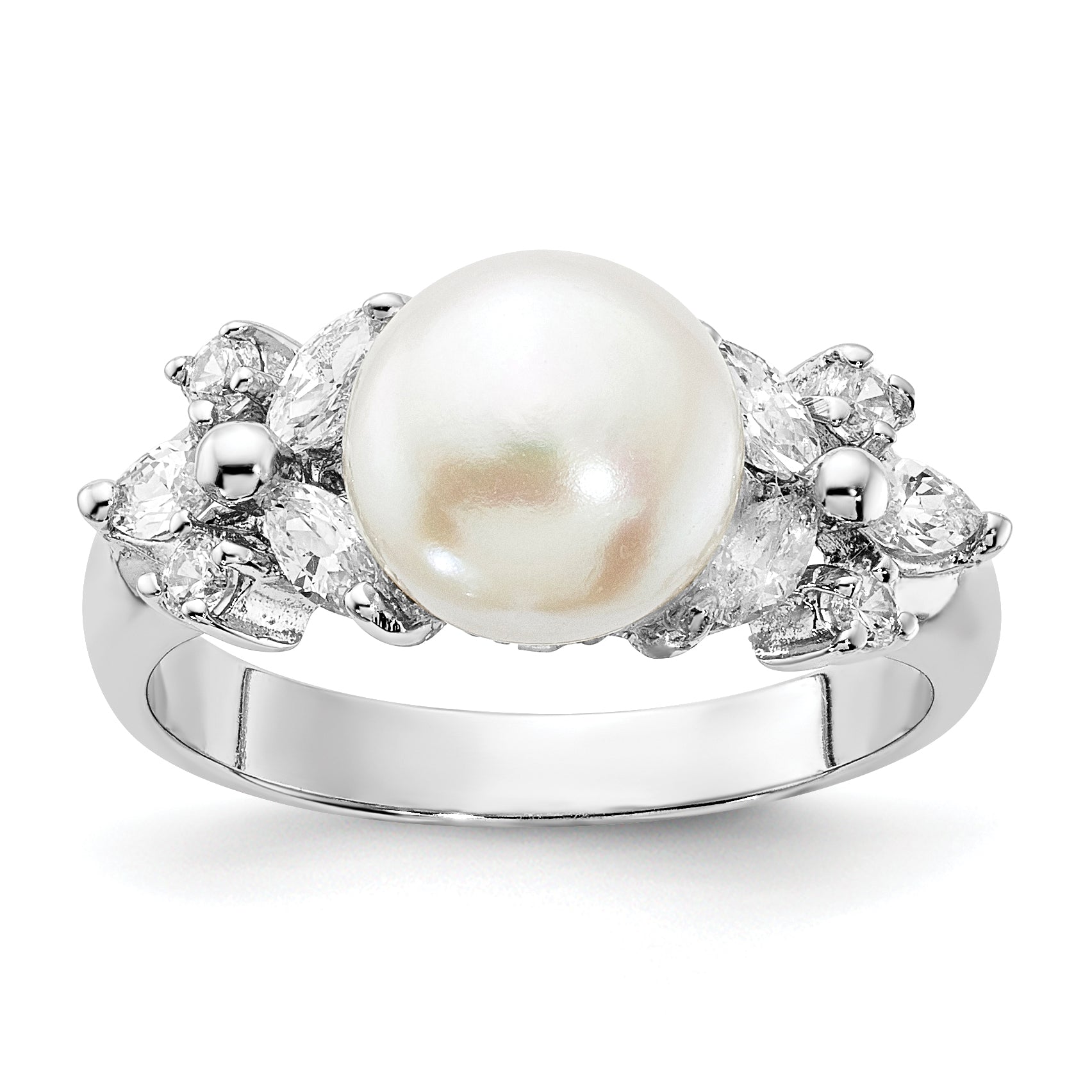 Cheryl M Sterling Silver Rhodium-plated Polished CZ and Freshwater Cultured Pearl Ring Main image
