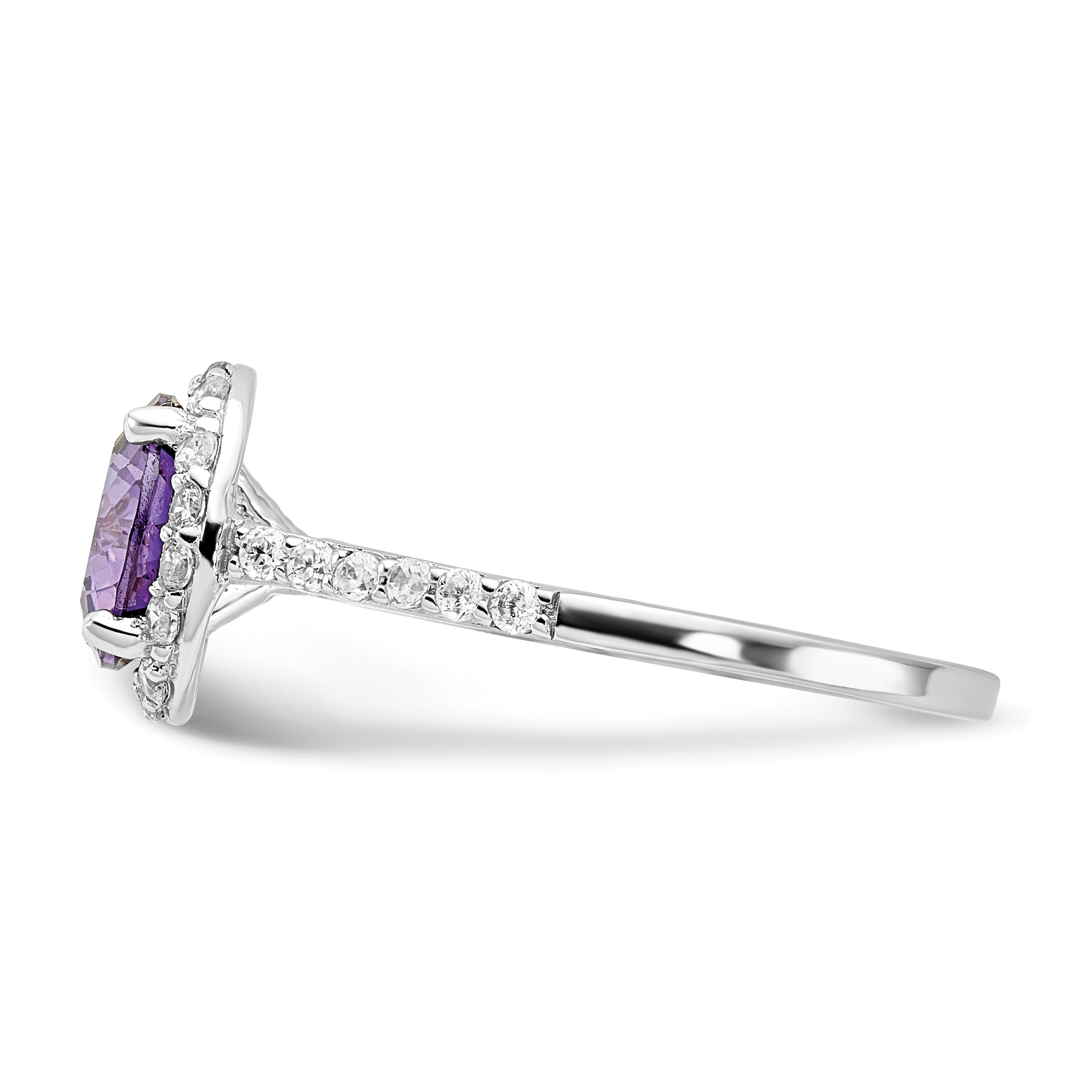 Cheryl M Sterling Silver Rhodium-plated Polished Purple and White CZ Round Halo Ring