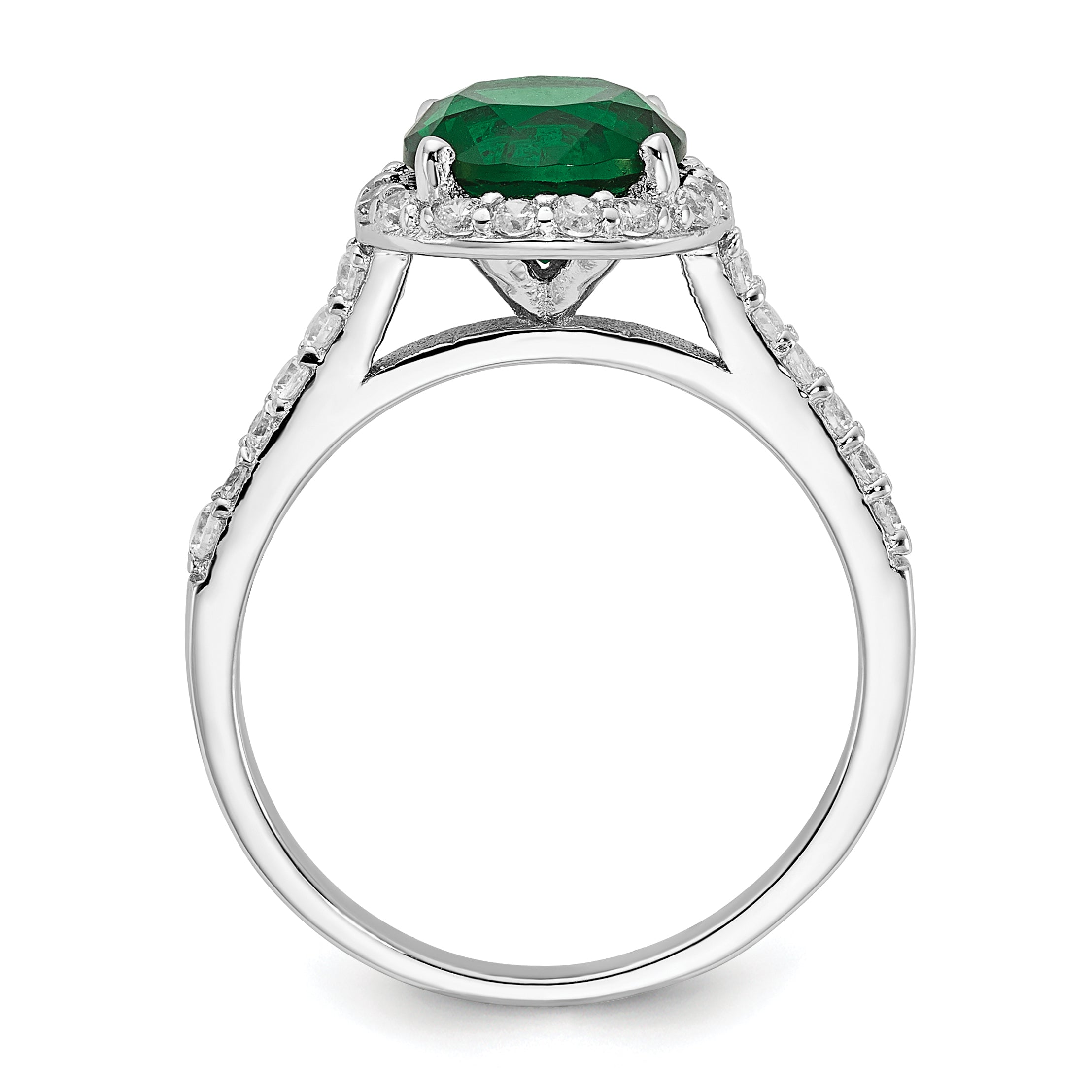 Cheryl M Sterling Silver Rhodium-plated Polished Green Glass and CZ Round Halo Ring