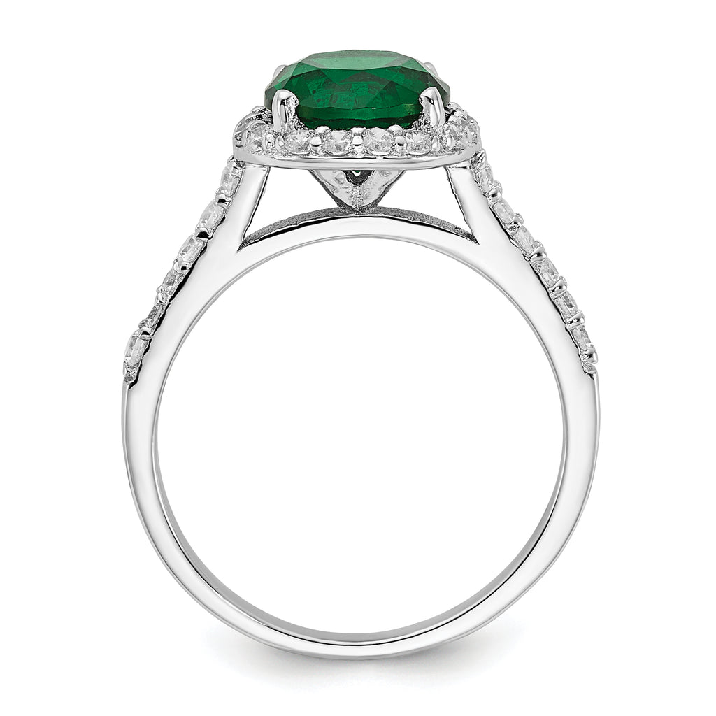 Cheryl M Sterling Silver Rhodium-plated Polished Green Glass and CZ Round Halo Ring