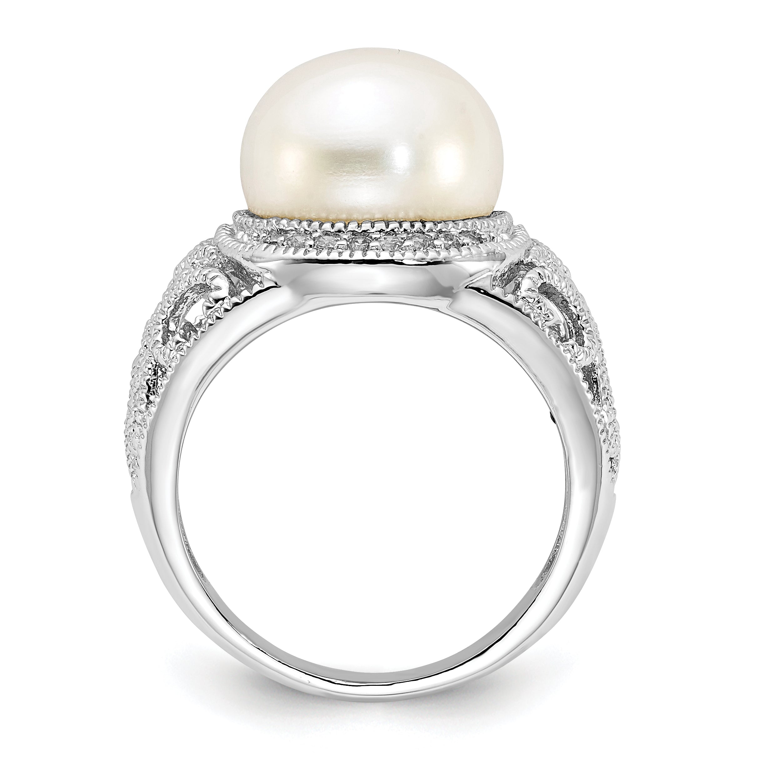 Cheryl M Sterling Silver Rhodium-plated Polished and Textured CZ and Freshwater Cultured Pearl Ring Secondary image