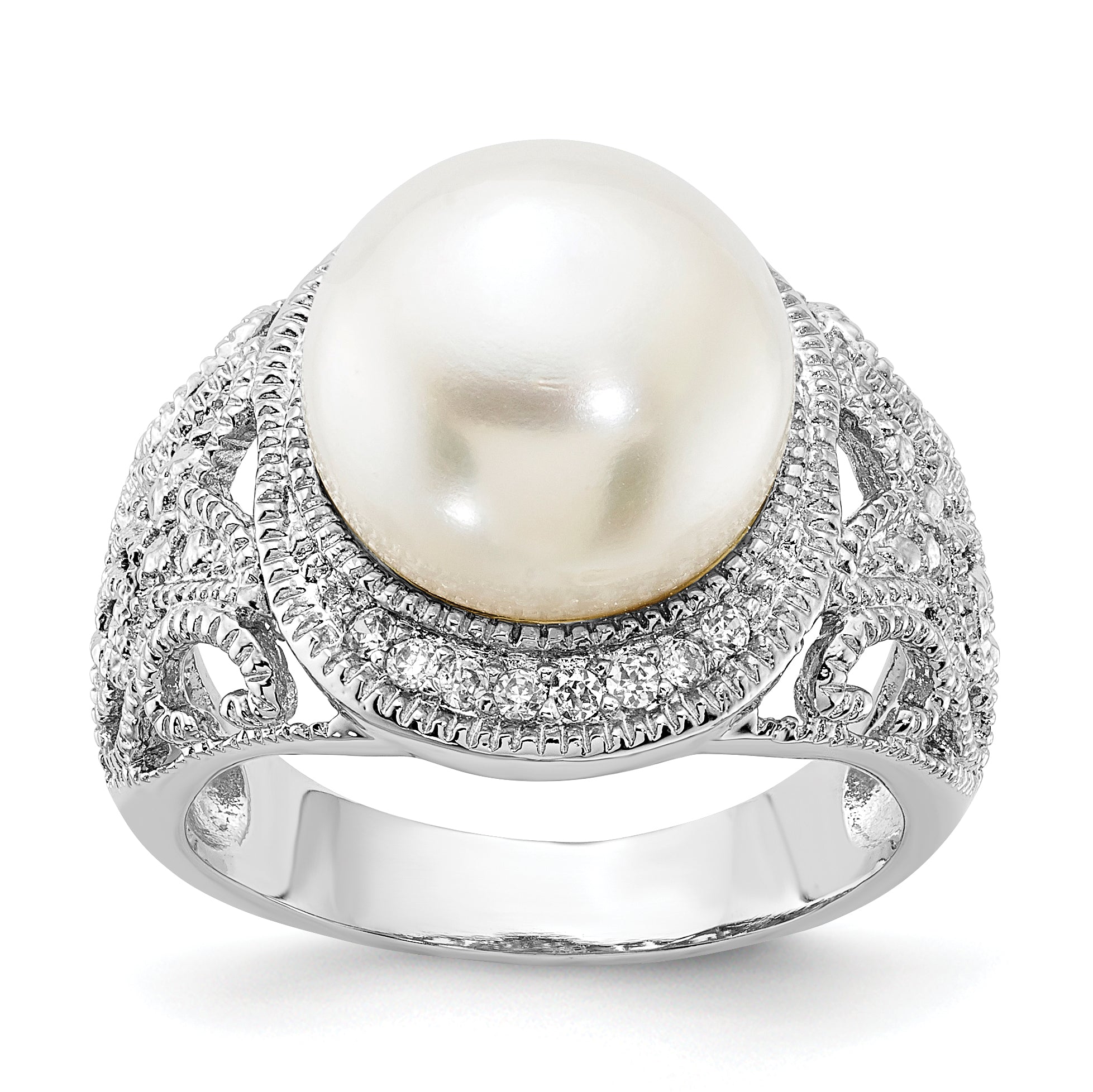 Cheryl M Sterling Silver Rhodium-plated Polished and Textured CZ and Freshwater Cultured Pearl Ring Main image