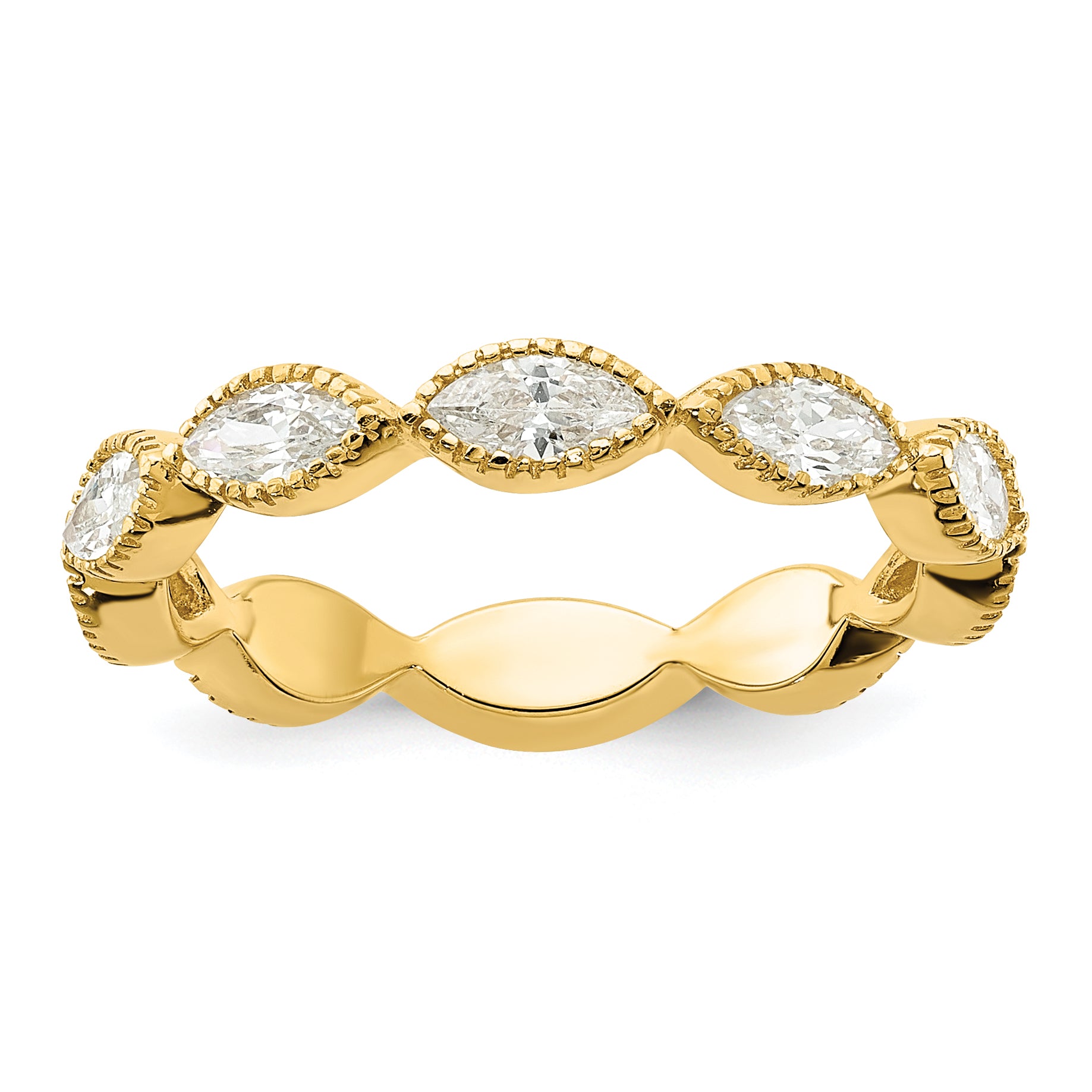 Cheryl M Sterling Silver Gold-plated Polished and Beaded Navette CZ Ring