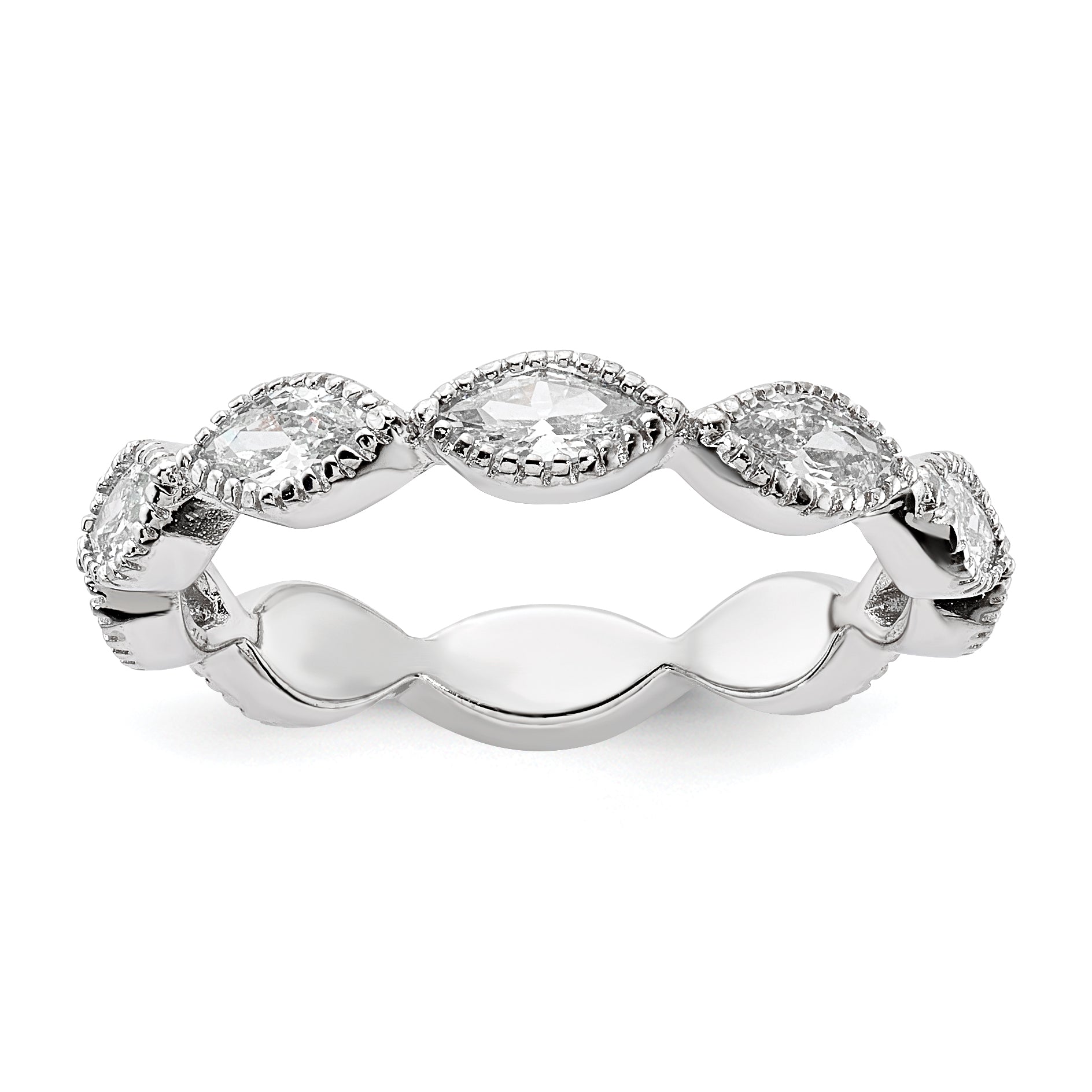 Cheryl M Sterling Silver Rhodium-plated Polished and Beaded Navette CZ Ring