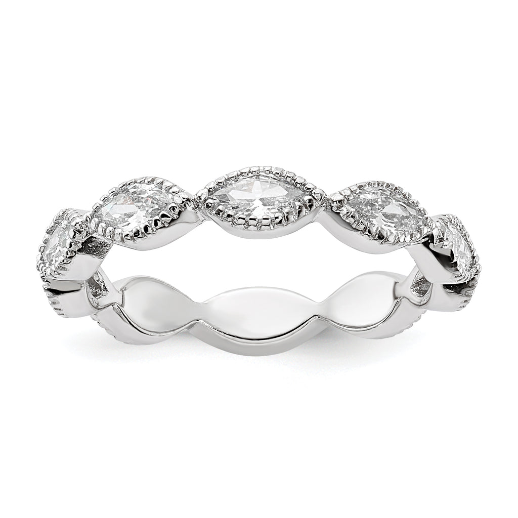 Cheryl M Sterling Silver Rhodium-plated Polished and Beaded Navette CZ Ring