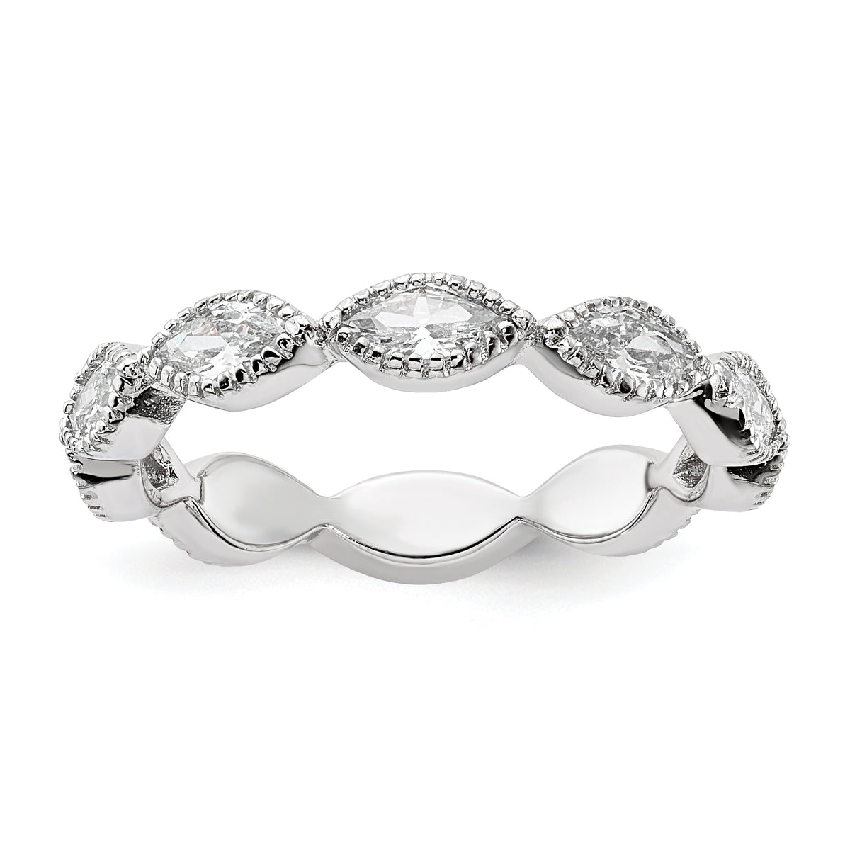 Cheryl M Sterling Silver Rhodium-plated Polished and Beaded Navette CZ Ring