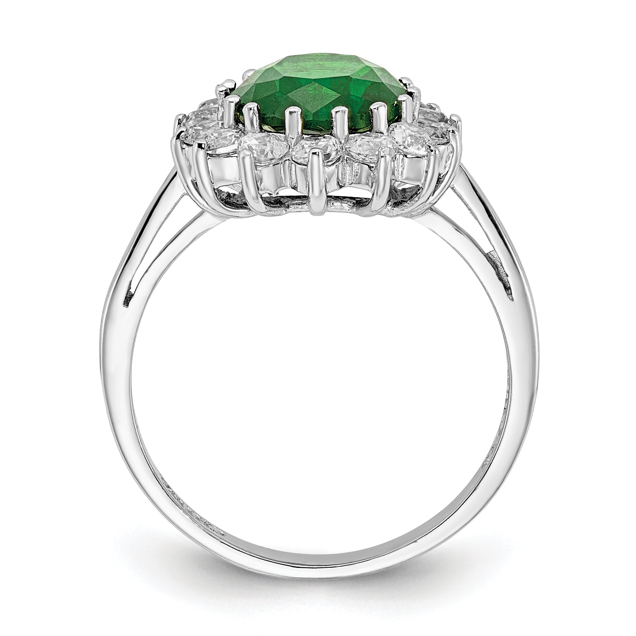Cheryl M Sterling Silver Rhodium-plated Polished Green GlaSterling Silver and CZ Oval Halo Ring Secondary image