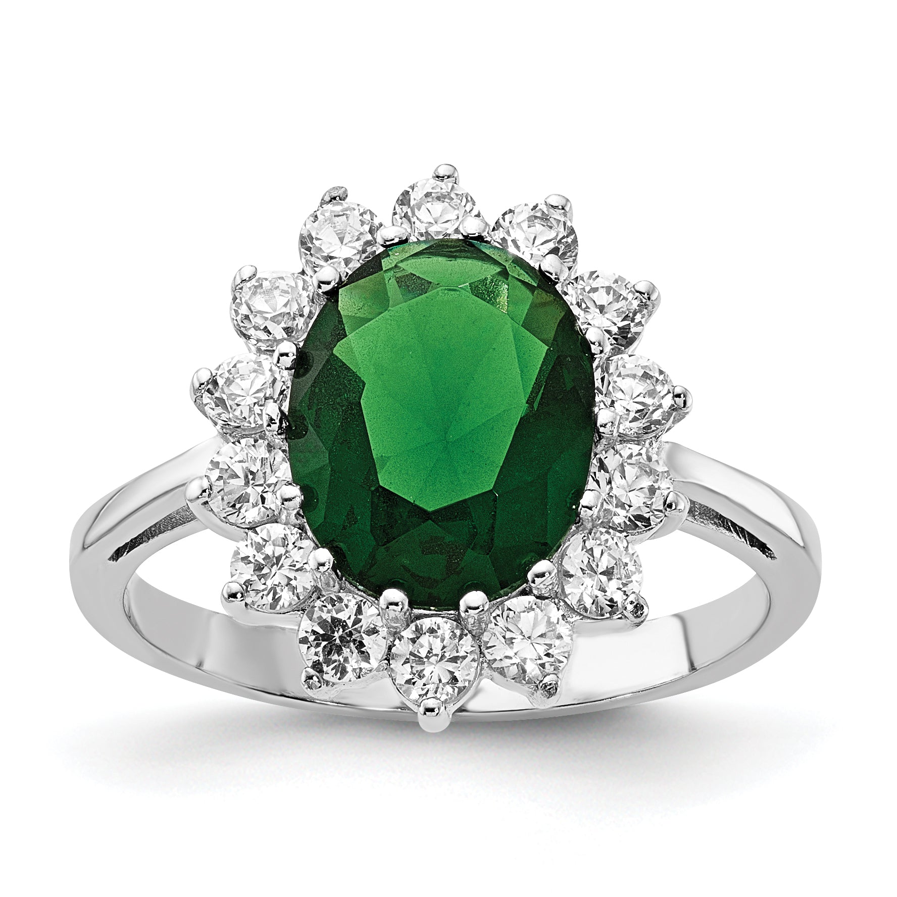 Cheryl M Sterling Silver Rhodium-plated Polished Green Glass and CZ Oval Halo Ring Main image