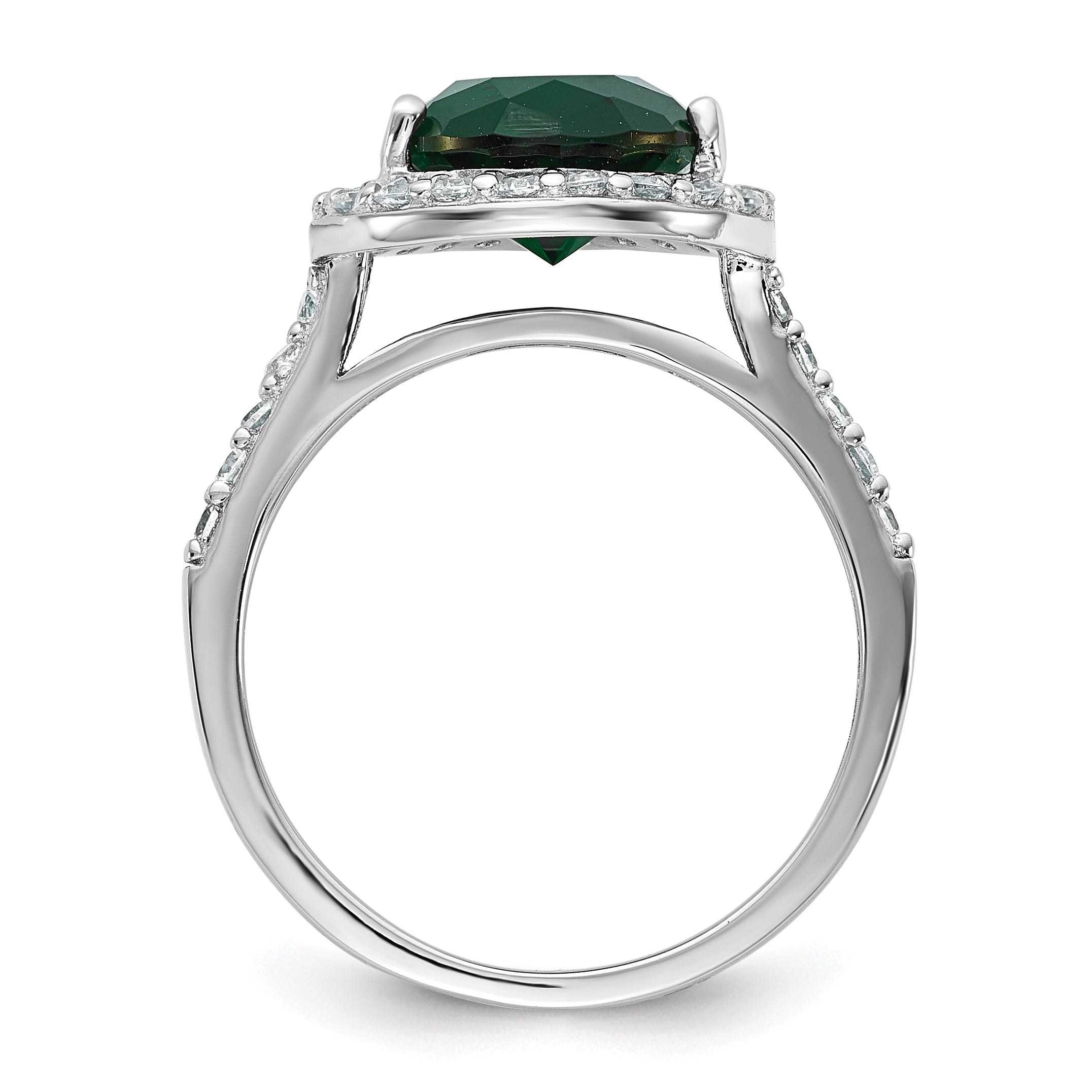 Cheryl M Sterling Silver Rhodium-plated Polished Green GlaSterling Silver and CZ Teardrop Halo Ring Secondary image
