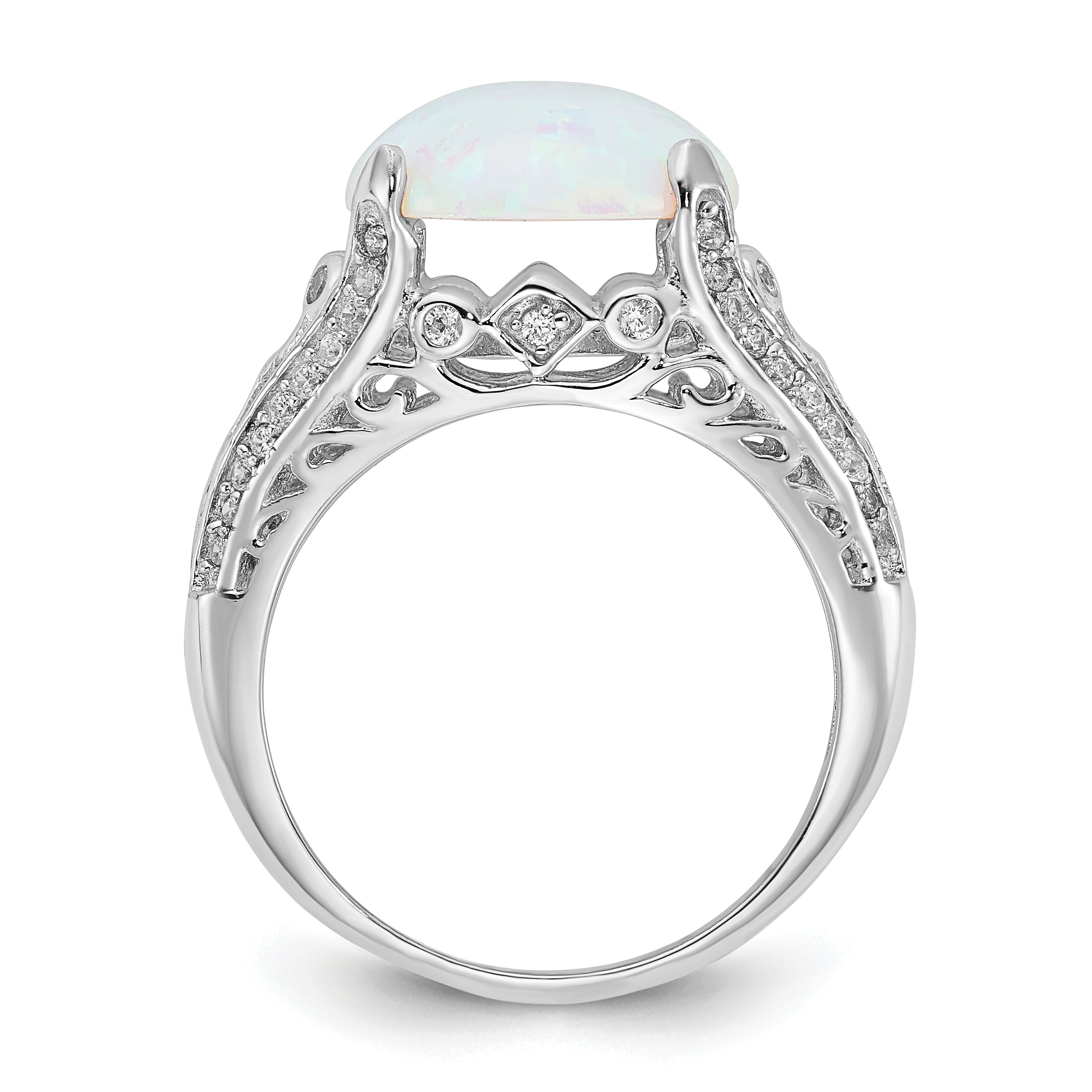 Cheryl M Sterling Silver Rhodium-plated Polished Oval Lab Created Opal and CZ Ring
