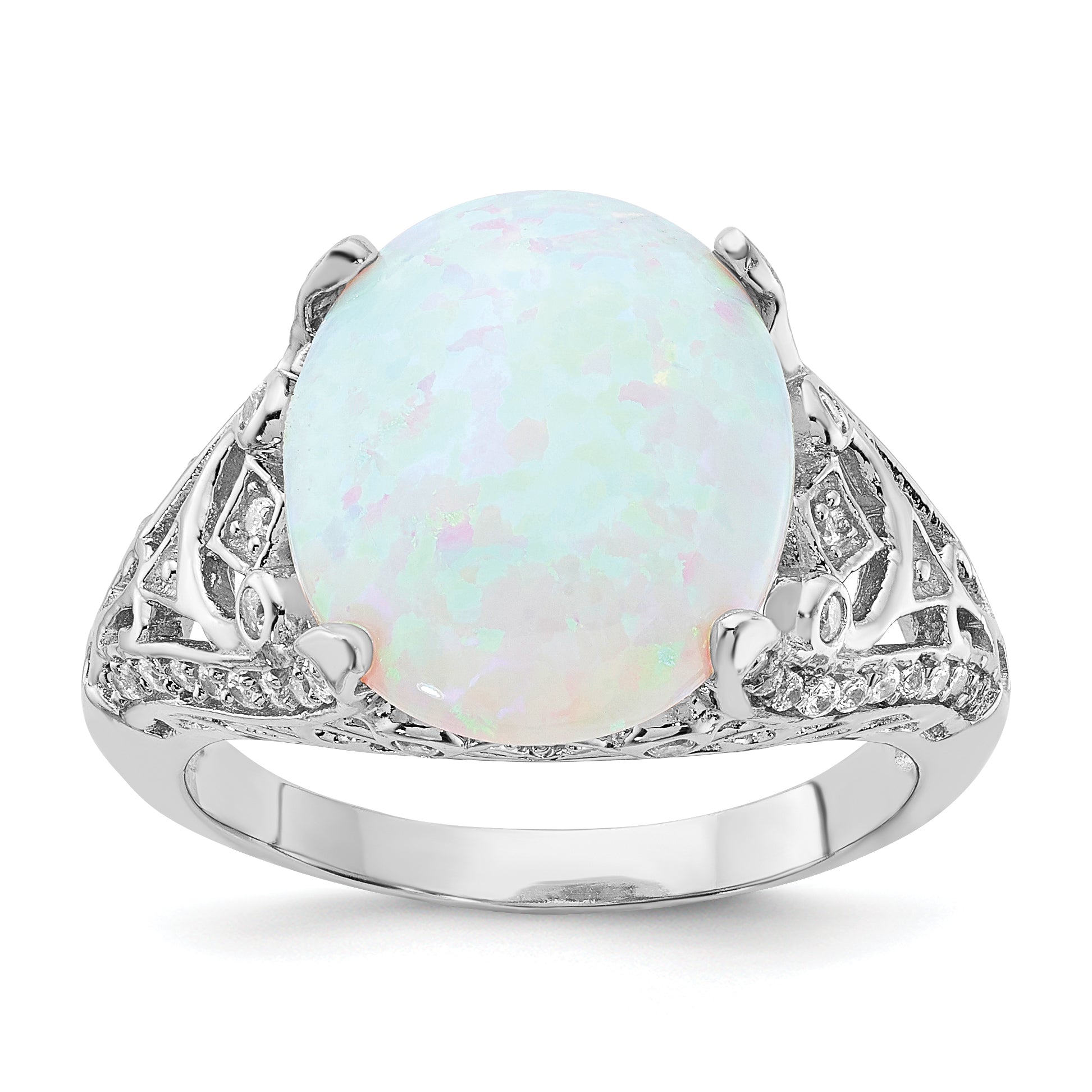 Cheryl M Sterling Silver Rhodium-plated Polished Oval Lab Created Opal and CZ Ring Main image