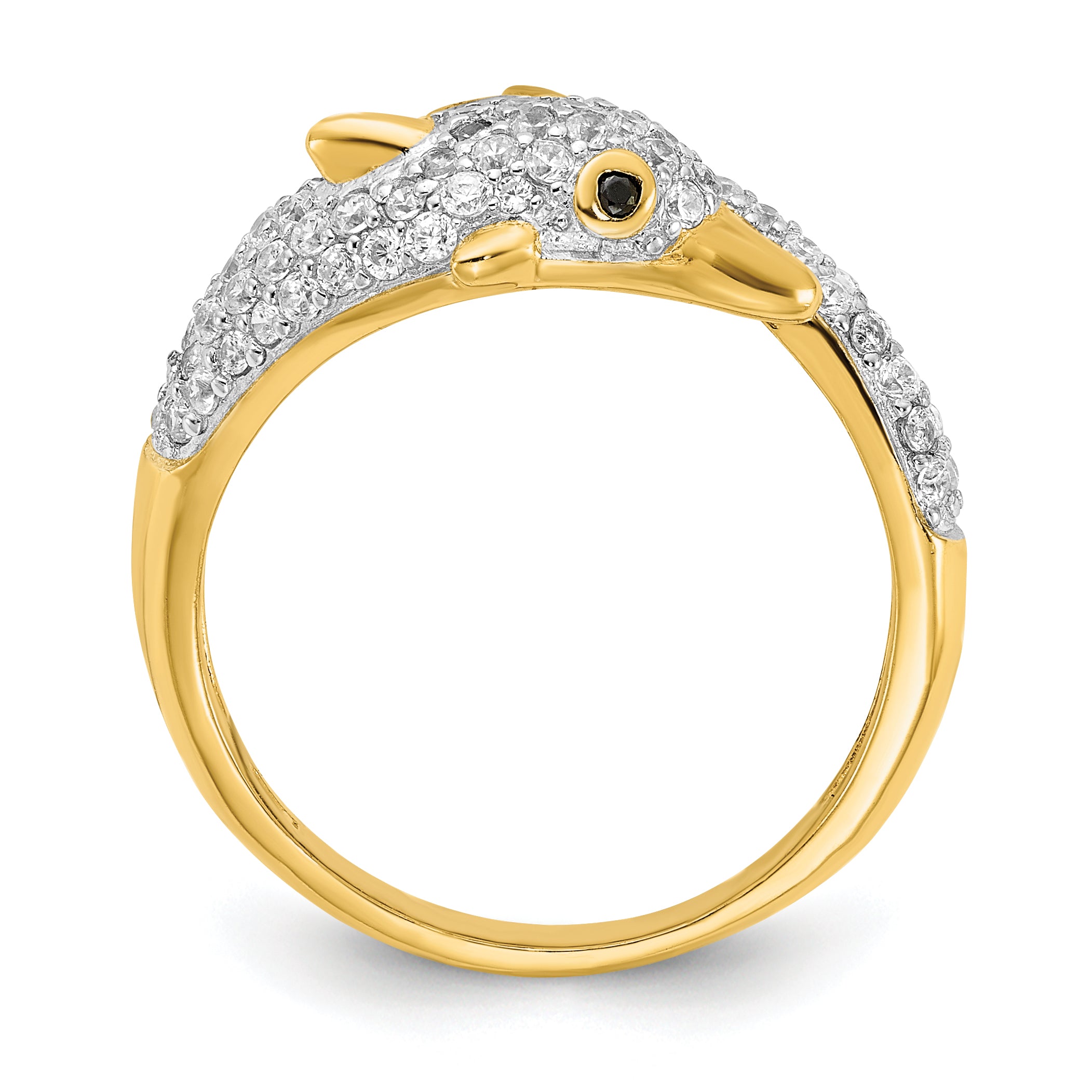 Cheryl M Sterling Silver Gold-plated Polished Pave Black and White CZ Dolphin Ring