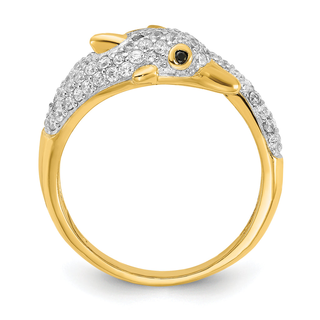 Cheryl M Sterling Silver Gold-plated Polished Pave Black and White CZ Dolphin Ring