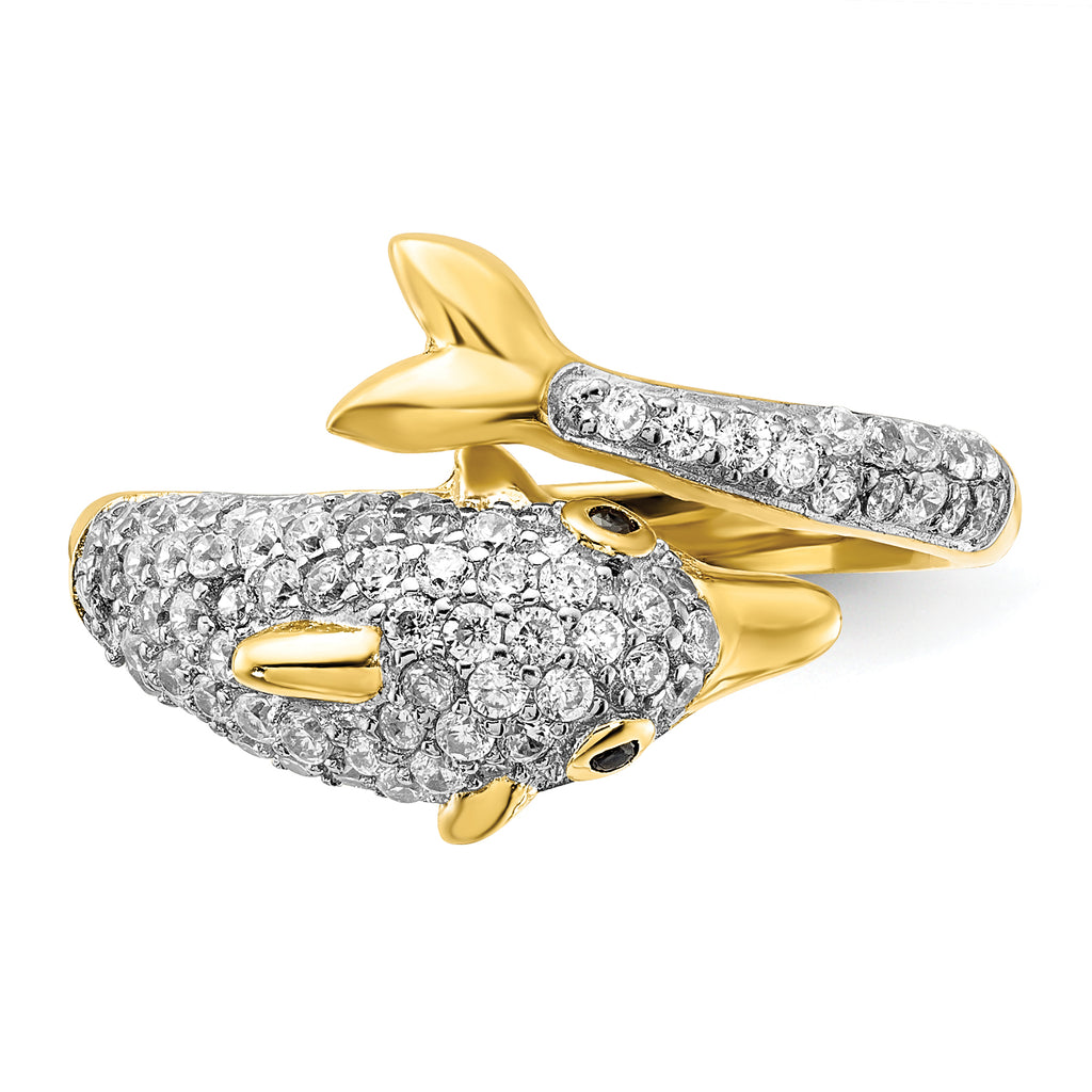 Cheryl M Sterling Silver Gold-plated Polished Pave Black and White CZ Dolphin Ring