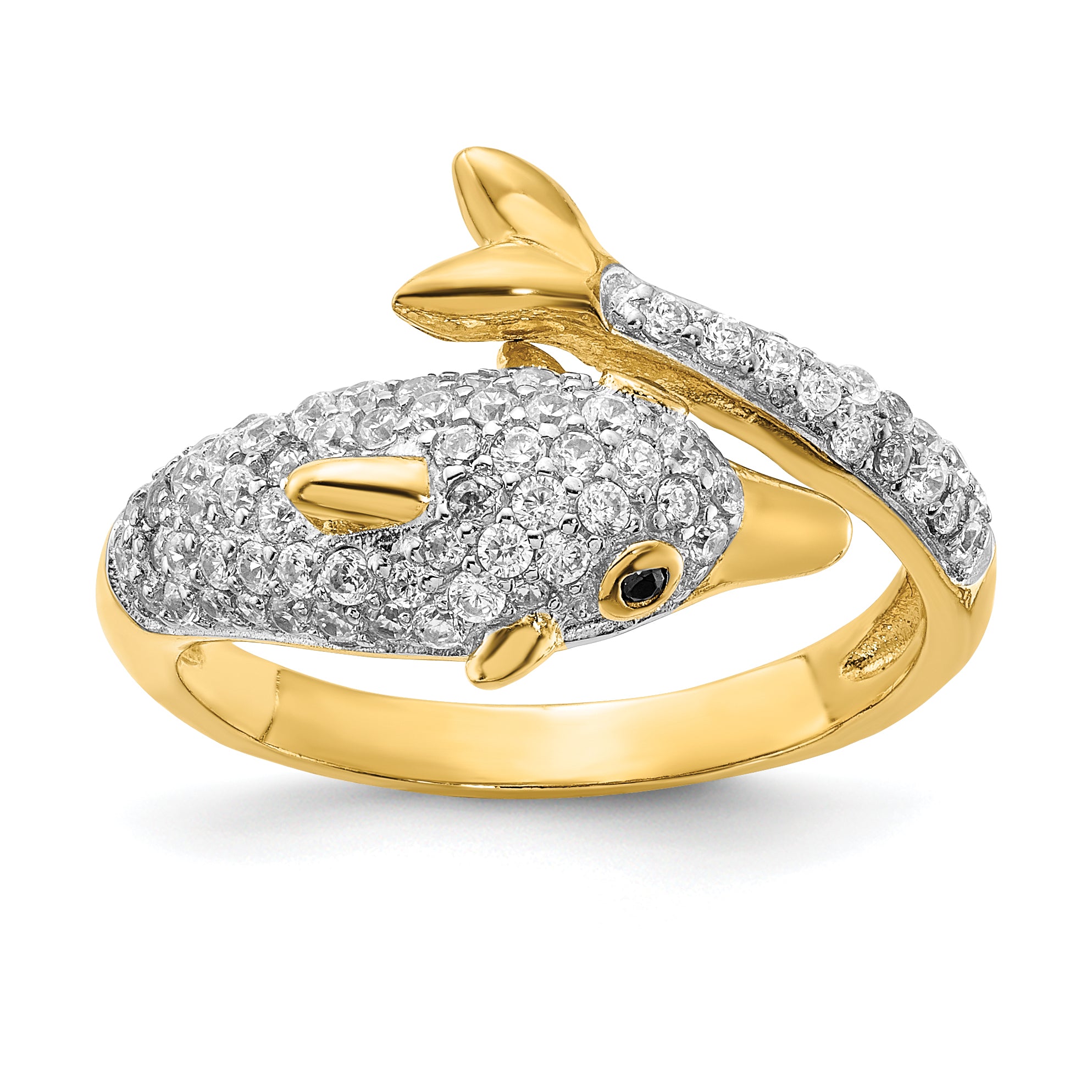 Cheryl M Sterling Silver Gold-plated Polished Pave Black and White CZ Dolphin Ring Main image