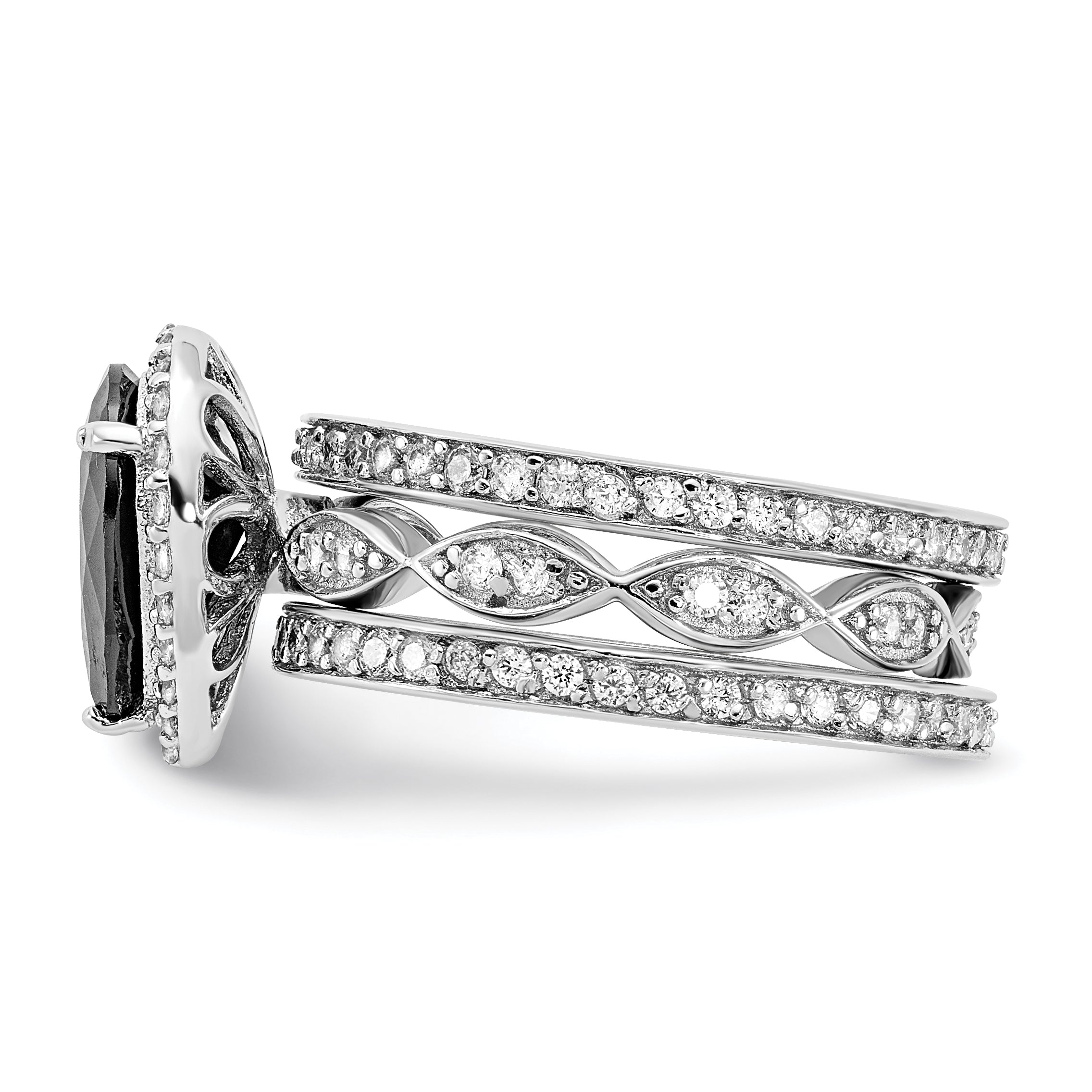 Cheryl M Sterling Silver Rhodium-plated Polished Black and White CZ Teardrop Halo 3 Ring Set