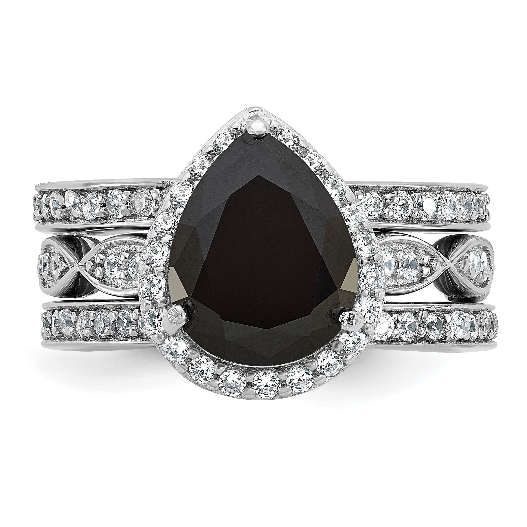 Cheryl M Sterling Silver Rhodium-plated Polished Black and White CZ Teardrop Halo 3 Ring Set