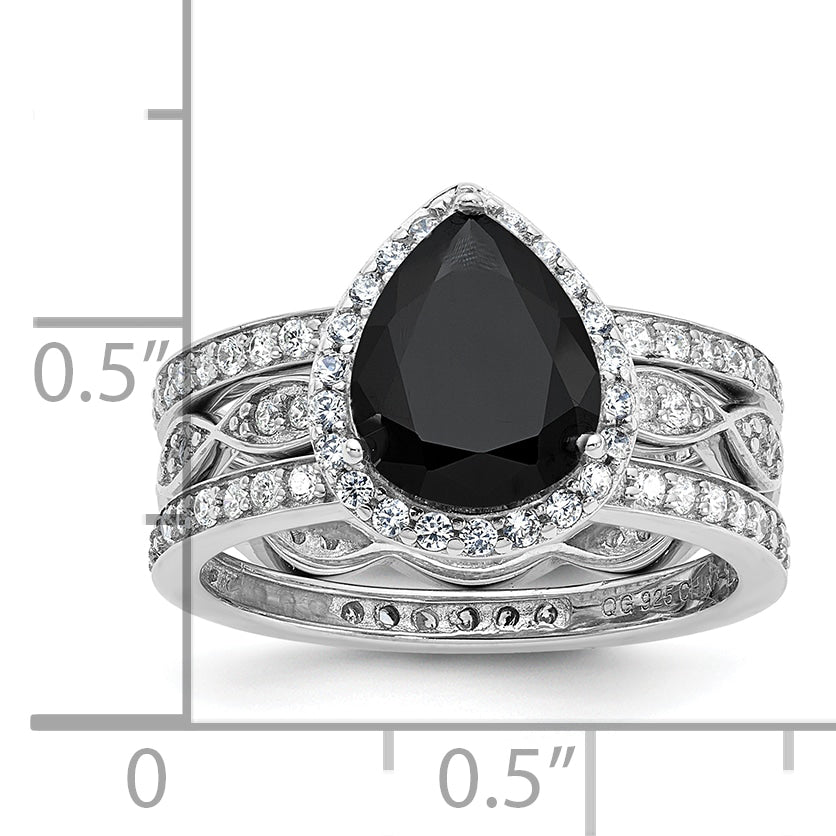 Cheryl M Sterling Silver Rhodium-plated Polished Black and White CZ Teardrop Halo 3 Ring Set