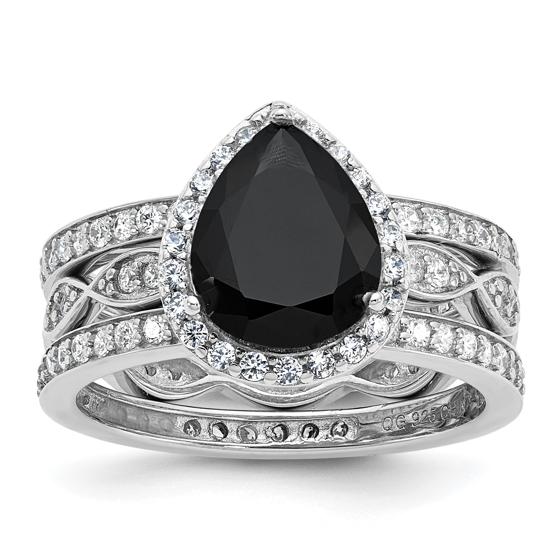 Cheryl M Sterling Silver Rhodium-plated Polished Black and White CZ Teardrop Halo 3 Ring Set Main image