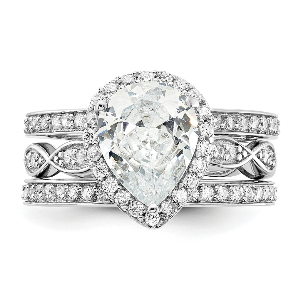 Cheryl M Sterling Silver Rhodium-plated Polished CZ Teardrop Halo 3 Ring Set