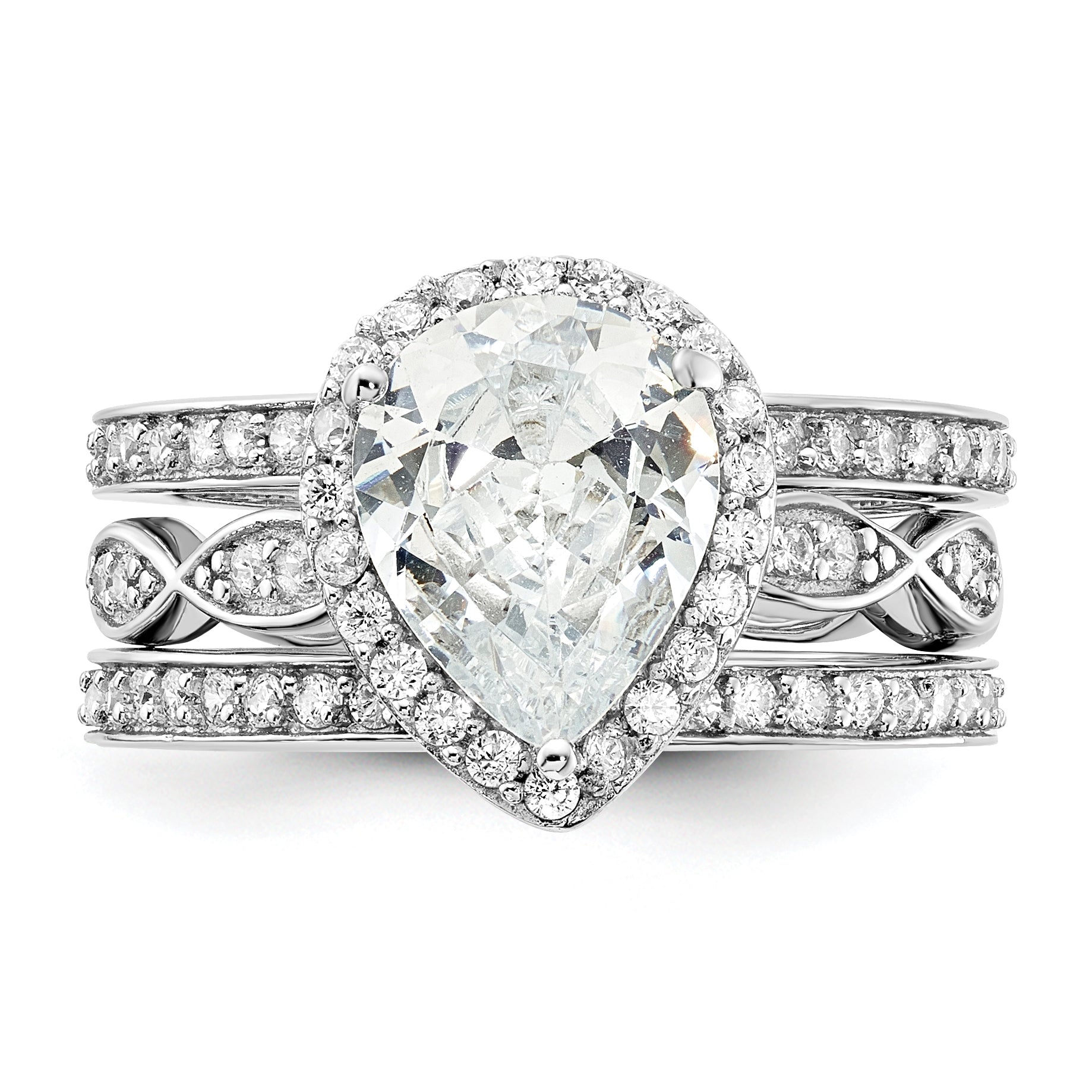 Cheryl M Sterling Silver Rhodium-plated Polished CZ Teardrop Halo 3 Ring Set